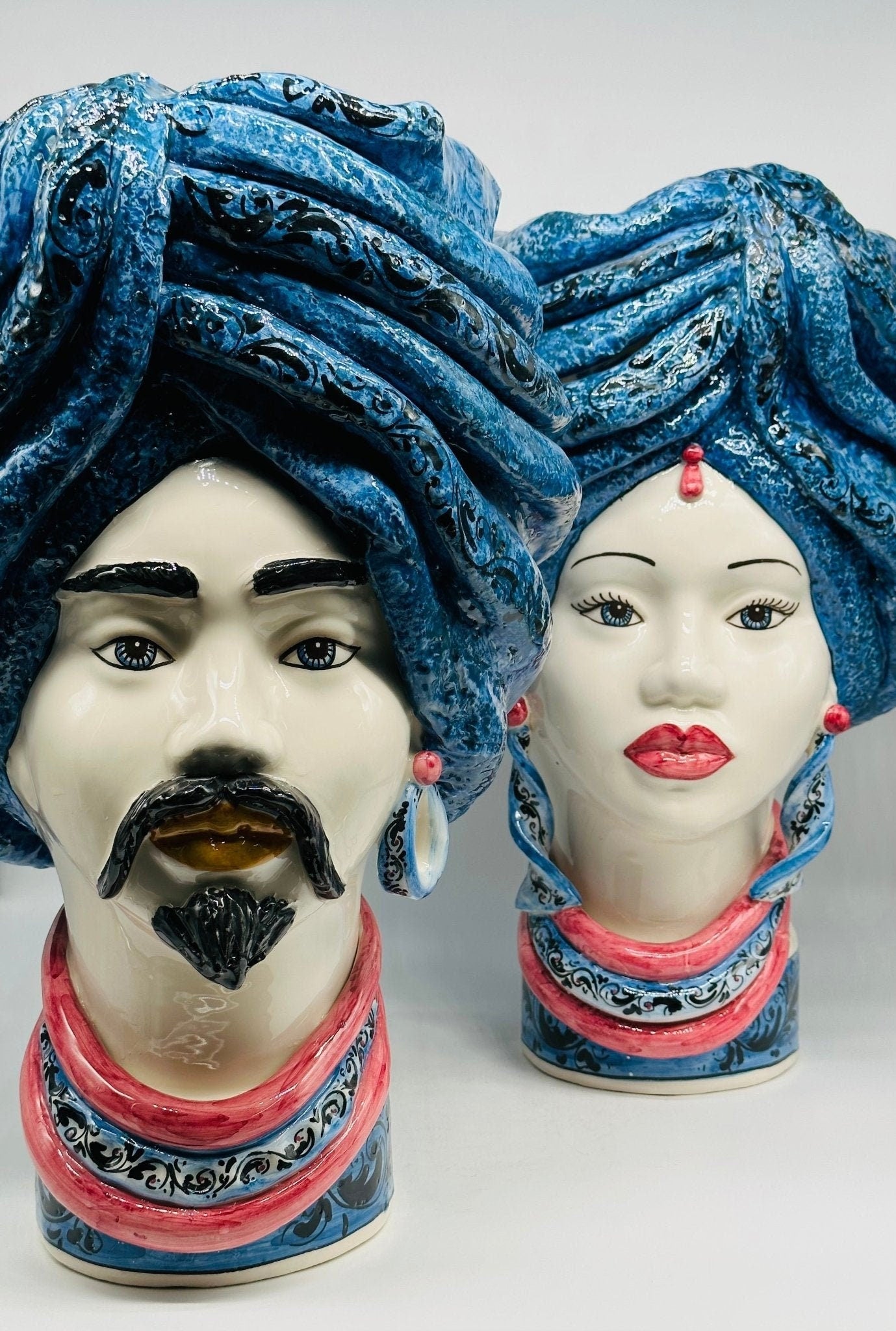 Teste di Moro Zeus Ceramica Caltagirone cm H.45 L.28 Artigianale Blu Lilla - DD CERAMICHE SICILIANE