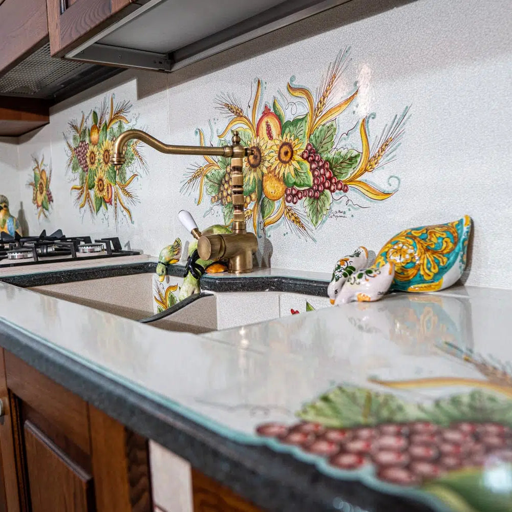 Top per Cucina Pietra Lavica Decoro Frutta con Scontornatura - TOP PIETRA LAVICA