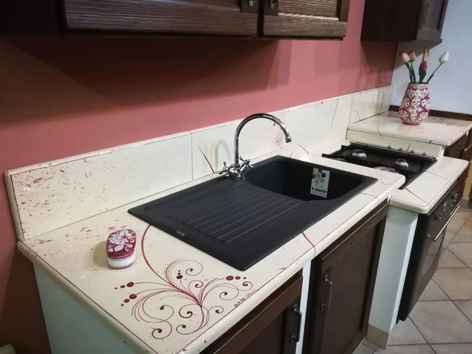 Top per Cucina Pietra Lavica Decoro Volute Bordeaux - TOP PIETRA LAVICA