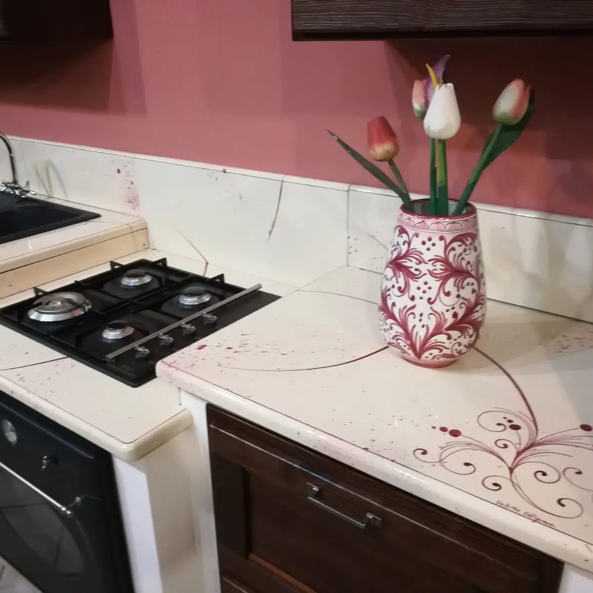 Top per Cucina Pietra Lavica Decoro Volute Bordeaux - TOP PIETRA LAVICA