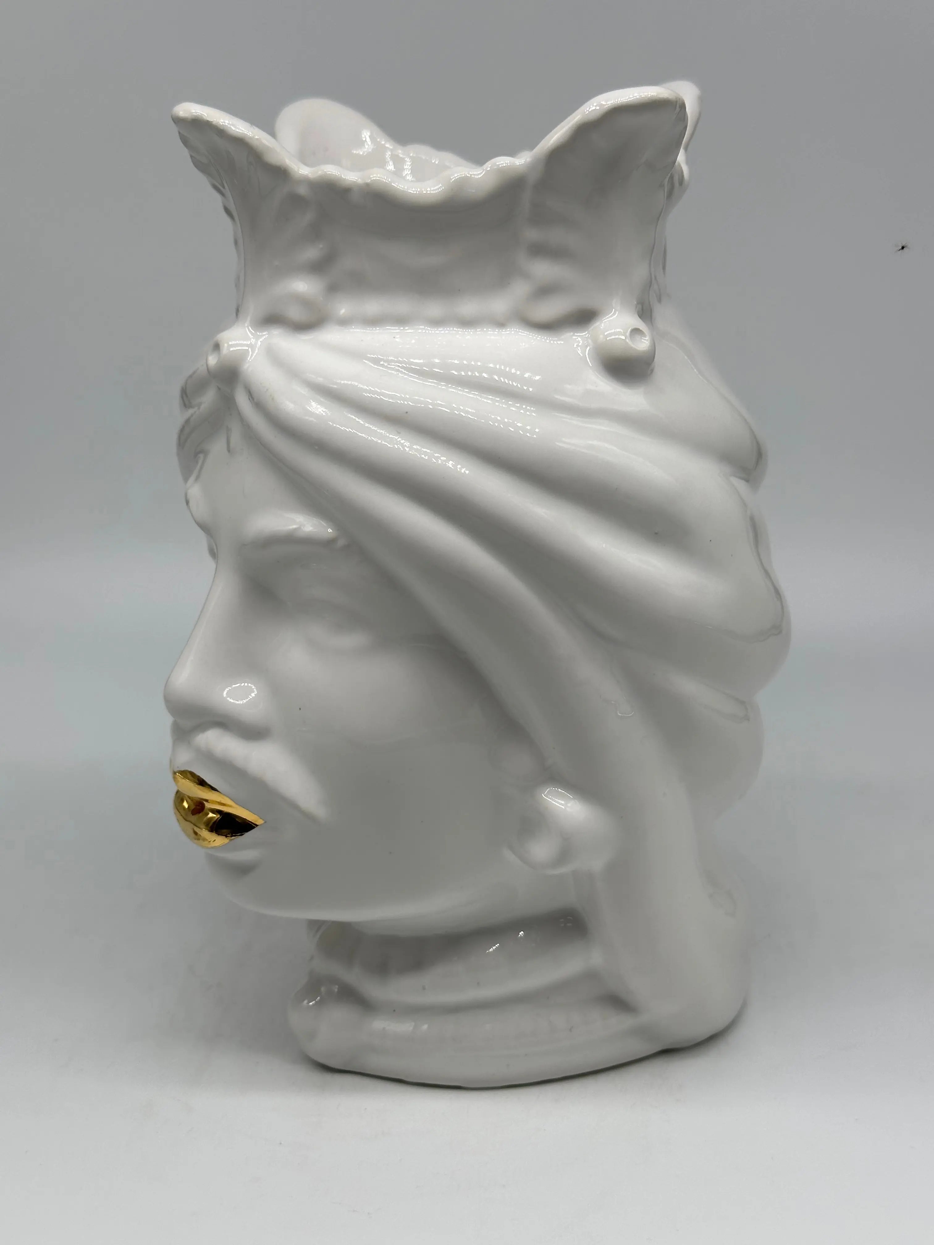 FINE SERIE - Testa di Moro Afro Uomo Ceramica Caltagirone cm H.25 L.17 Artigianale Bianco dettagli Oro DD CERAMICHE SICILIANE