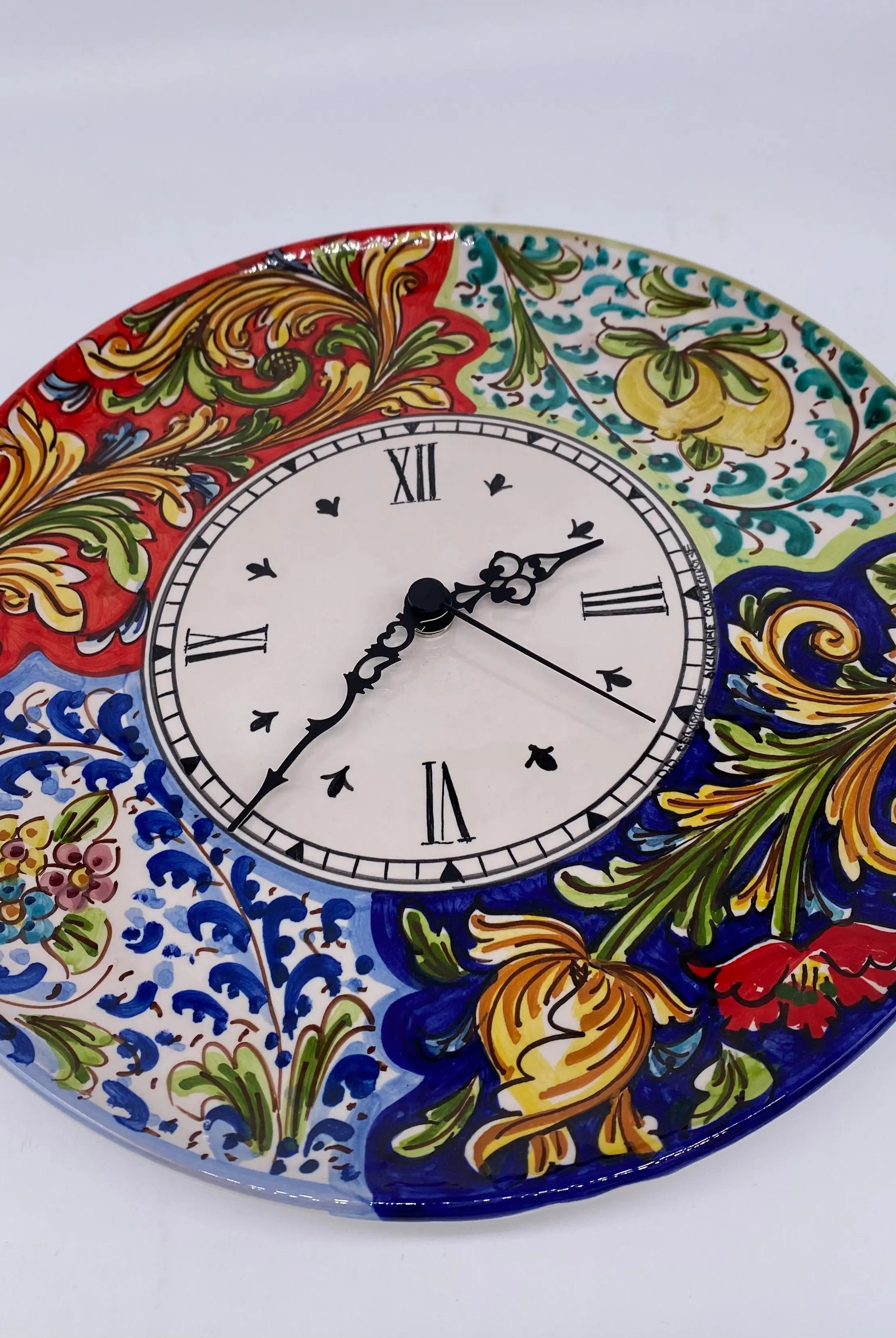 Orologio da Parete Ceramica Caltagirone Rotondo dipinto a mano cm D.30 Decoro n.3 DD CERAMICHE SICILIANE