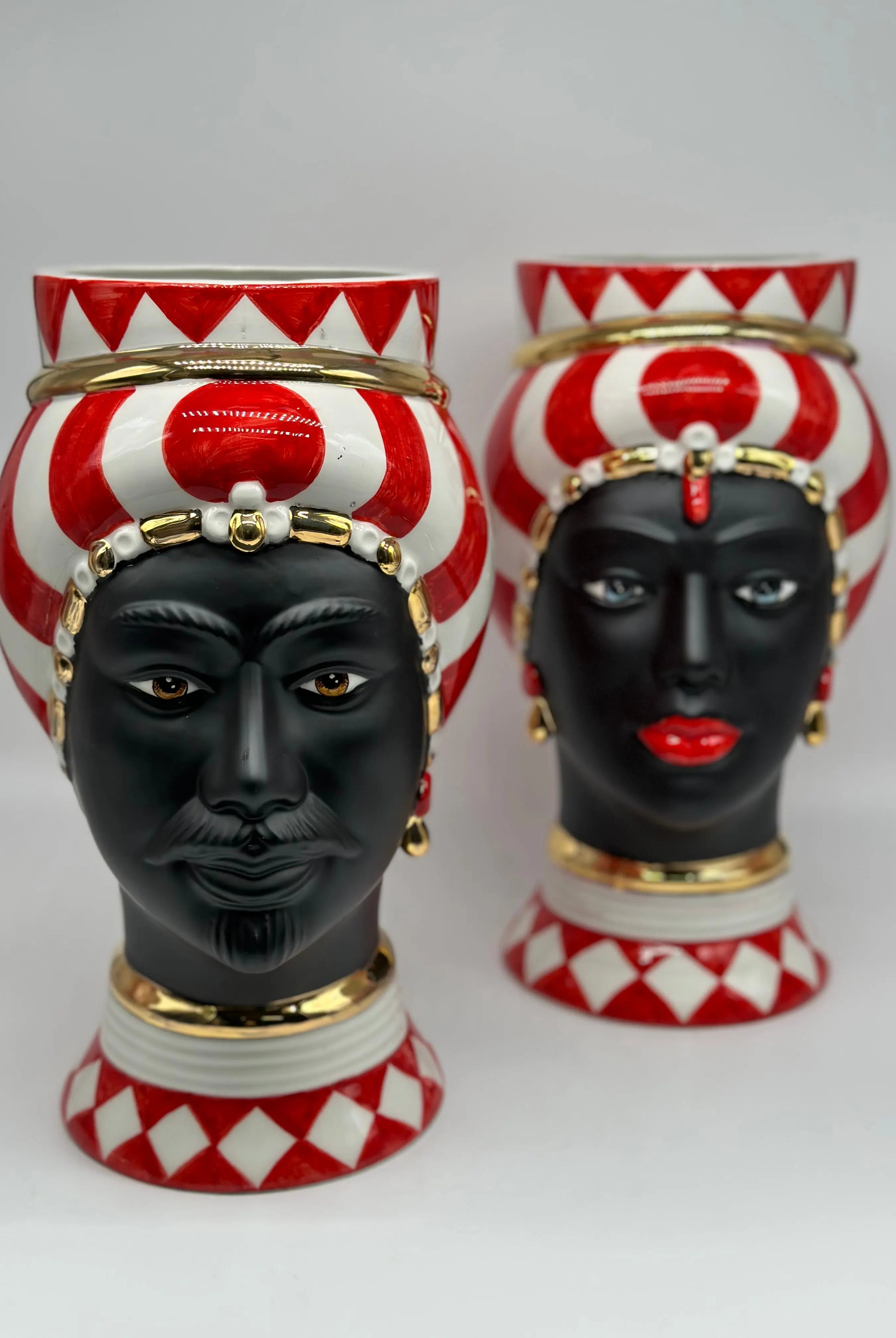Teste di Moro Token Ceramica Caltagirone cm H.31 L.18 Artigianale Rosso Bianco Oro DD CERAMICHE SICILIANE