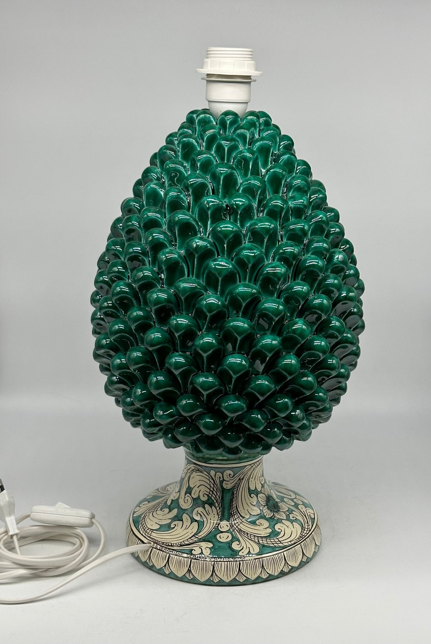 Lampada Pigna Ceramica Caltagirone cm H.40 Artigianale Verde Cristallo Base Decorata - DD CERAMICHE SICILIANE