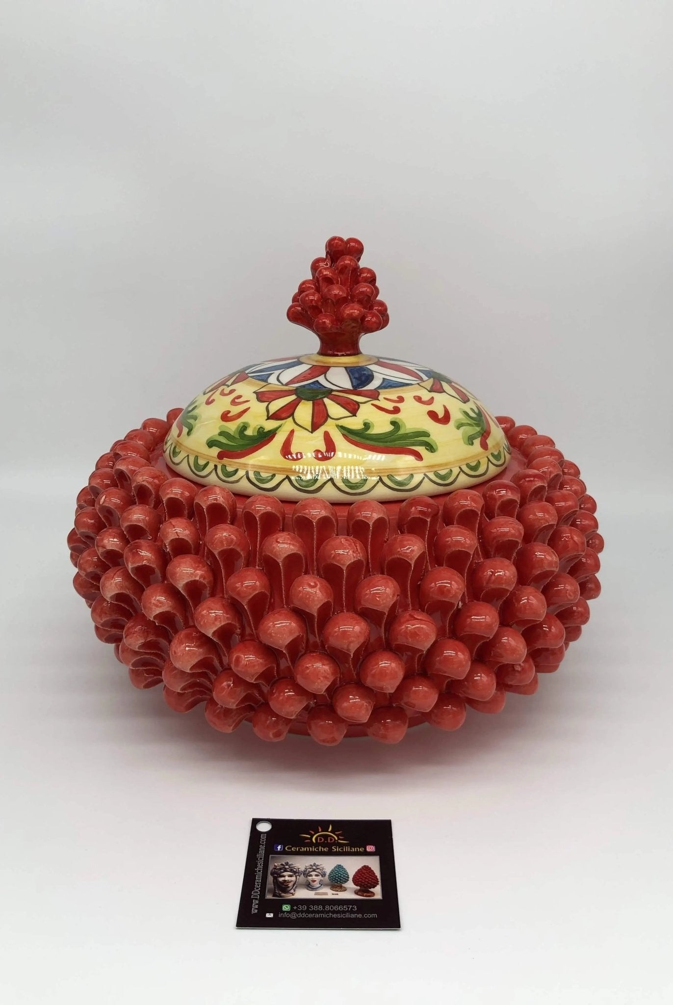 Pigna Biscottiera Decorata Ceramica Caltagirone cm H.23 L.25 D.14 Artigianale Rosso - DD CERAMICHE SICILIANE
