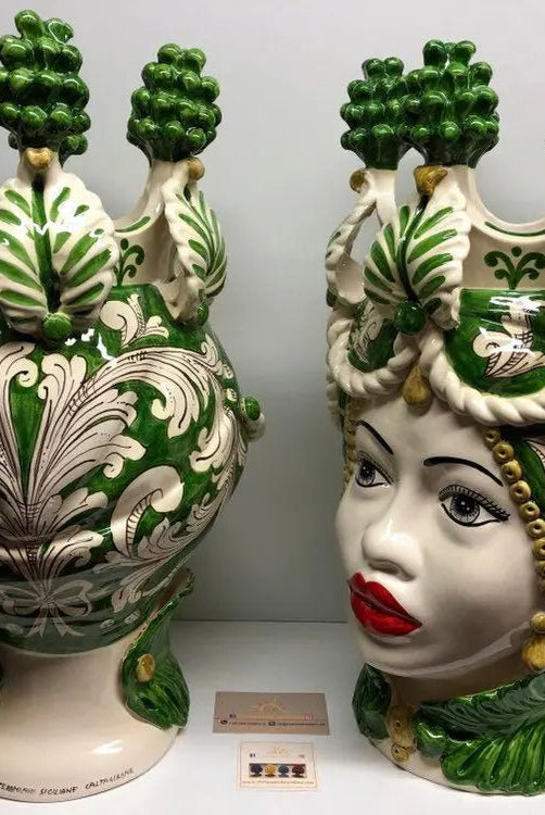 Teste di Moro Zefiro Corona Pigne Ceramica Caltagirone cm H.48 L.28 Artigianale Verde - DD CERAMICHE SICILIANE