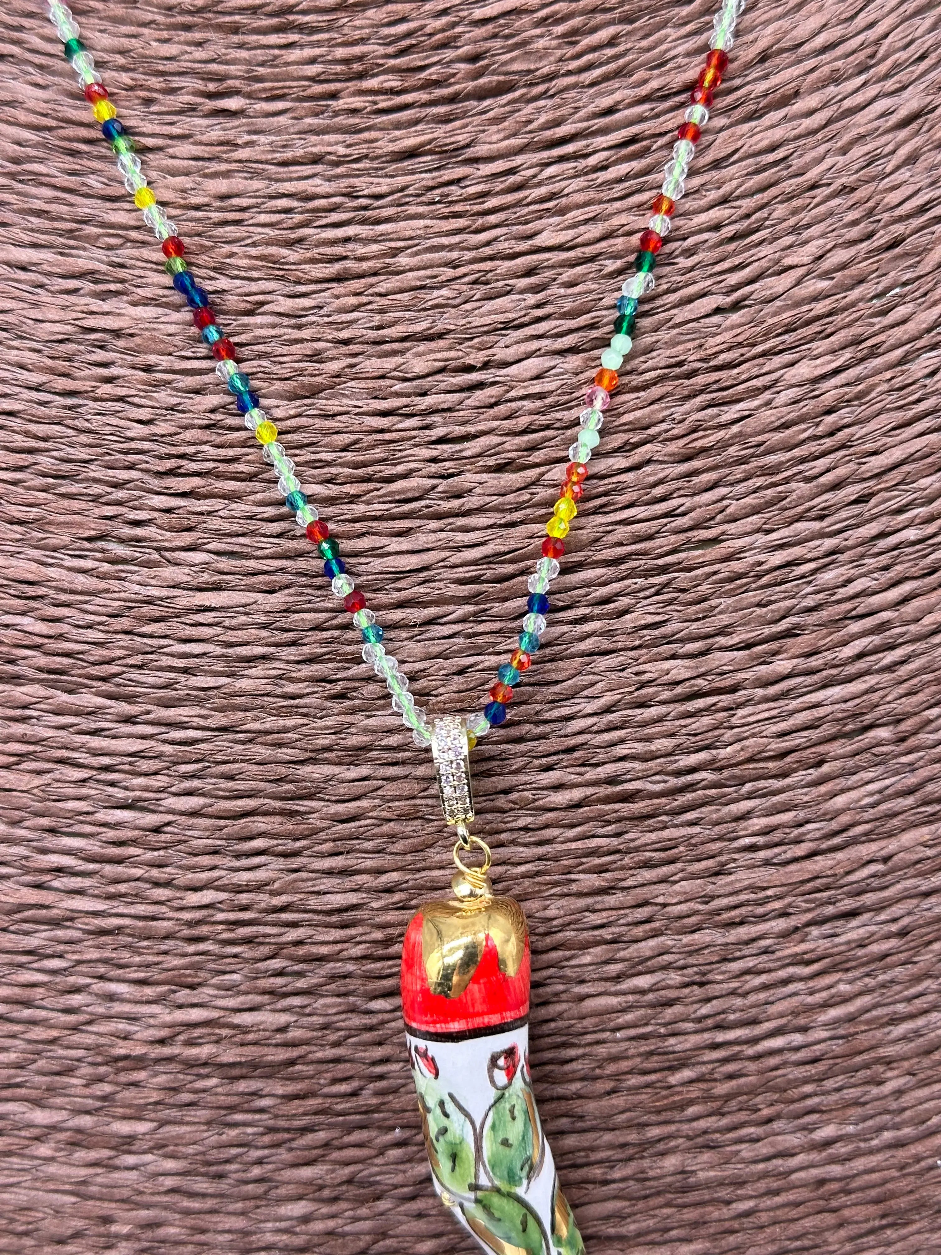 Collana Corno Portafotuna Ceramica Caltagirone, catena perle multicolor V.2 DD CERAMICHE SICILIANE