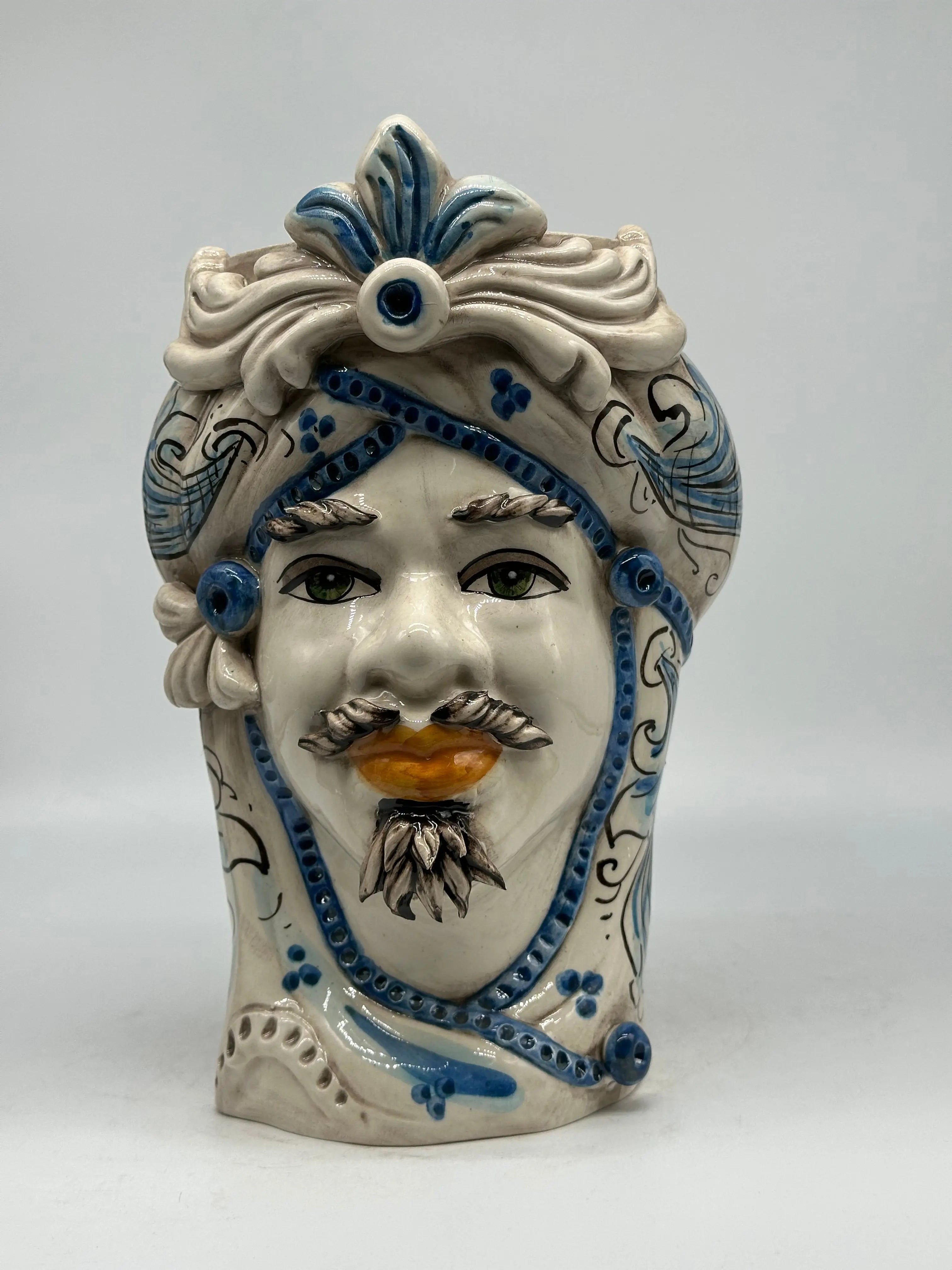 FINE SERIE - Testa di Moro Uomo Moresca Ceramica Caltagirone cm H.28 L.19 Artigianale Barocco Azzurro DD CERAMICHE SICILIANE