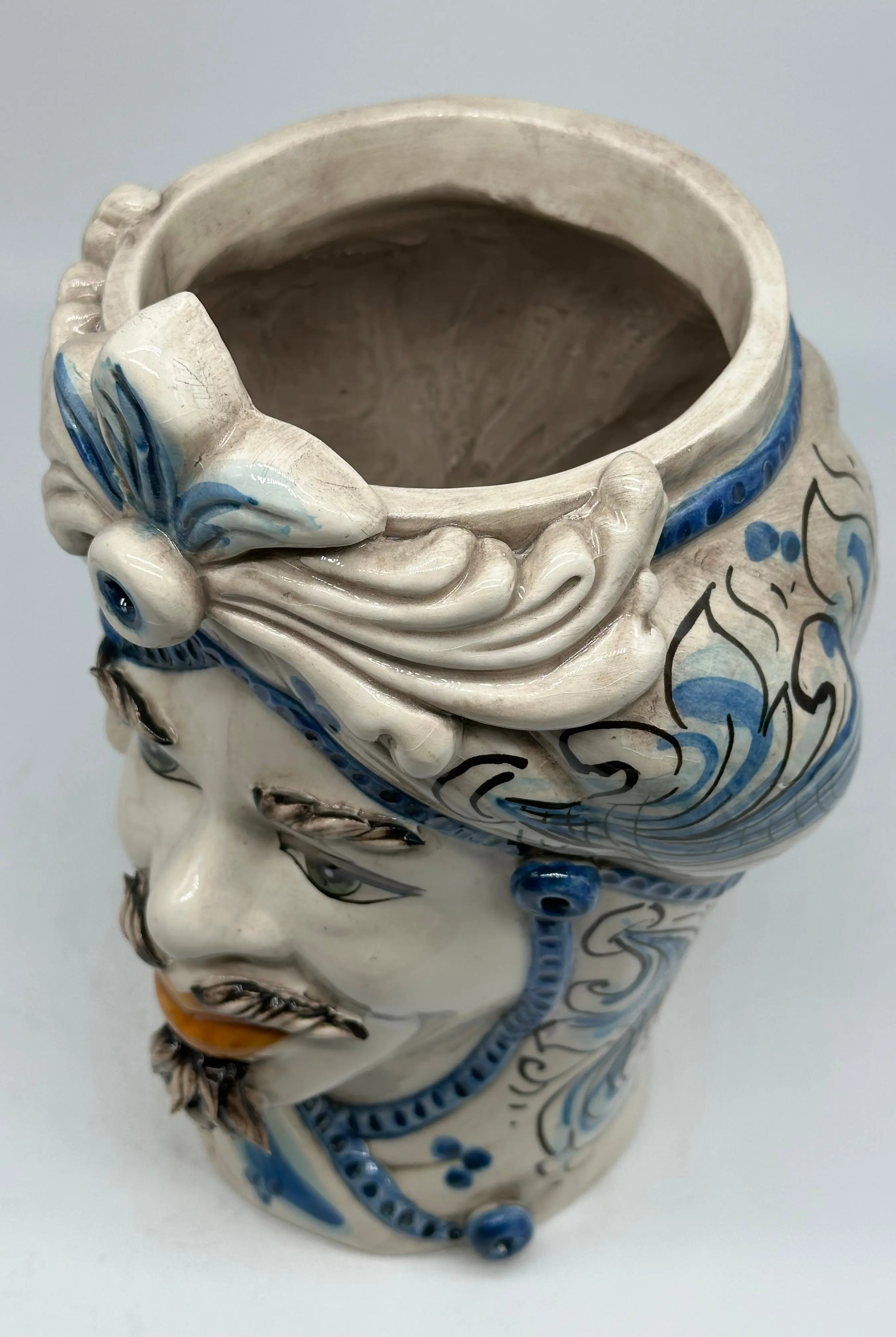 FINE SERIE - Testa di Moro Uomo Moresca Ceramica Caltagirone cm H.28 L.19 Artigianale Barocco Azzurro DD CERAMICHE SICILIANE