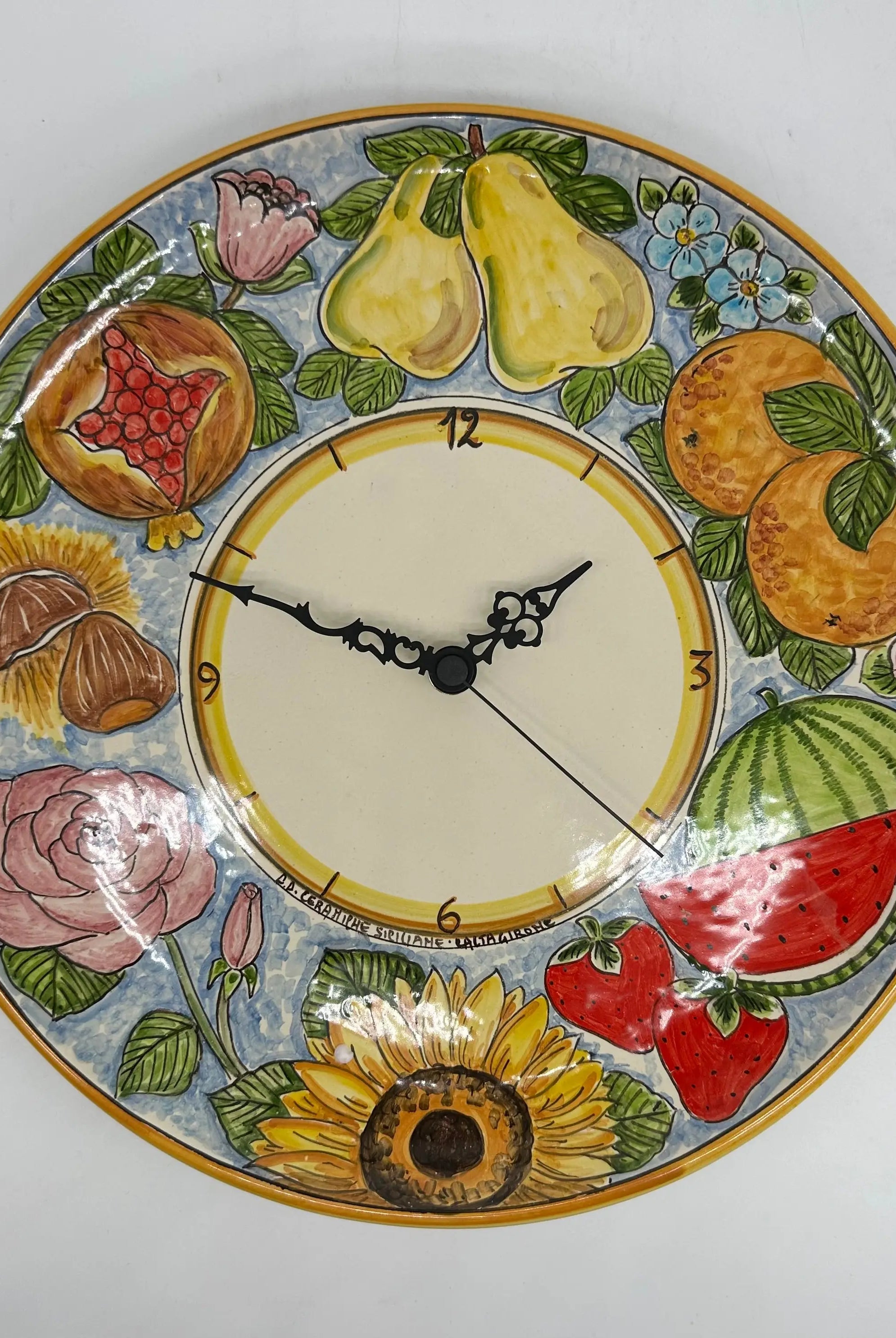Orologio da Parete Ceramica Caltagirone Rotondo dipinto a mano cm D.30 Decoro n.12g DD CERAMICHE SICILIANE