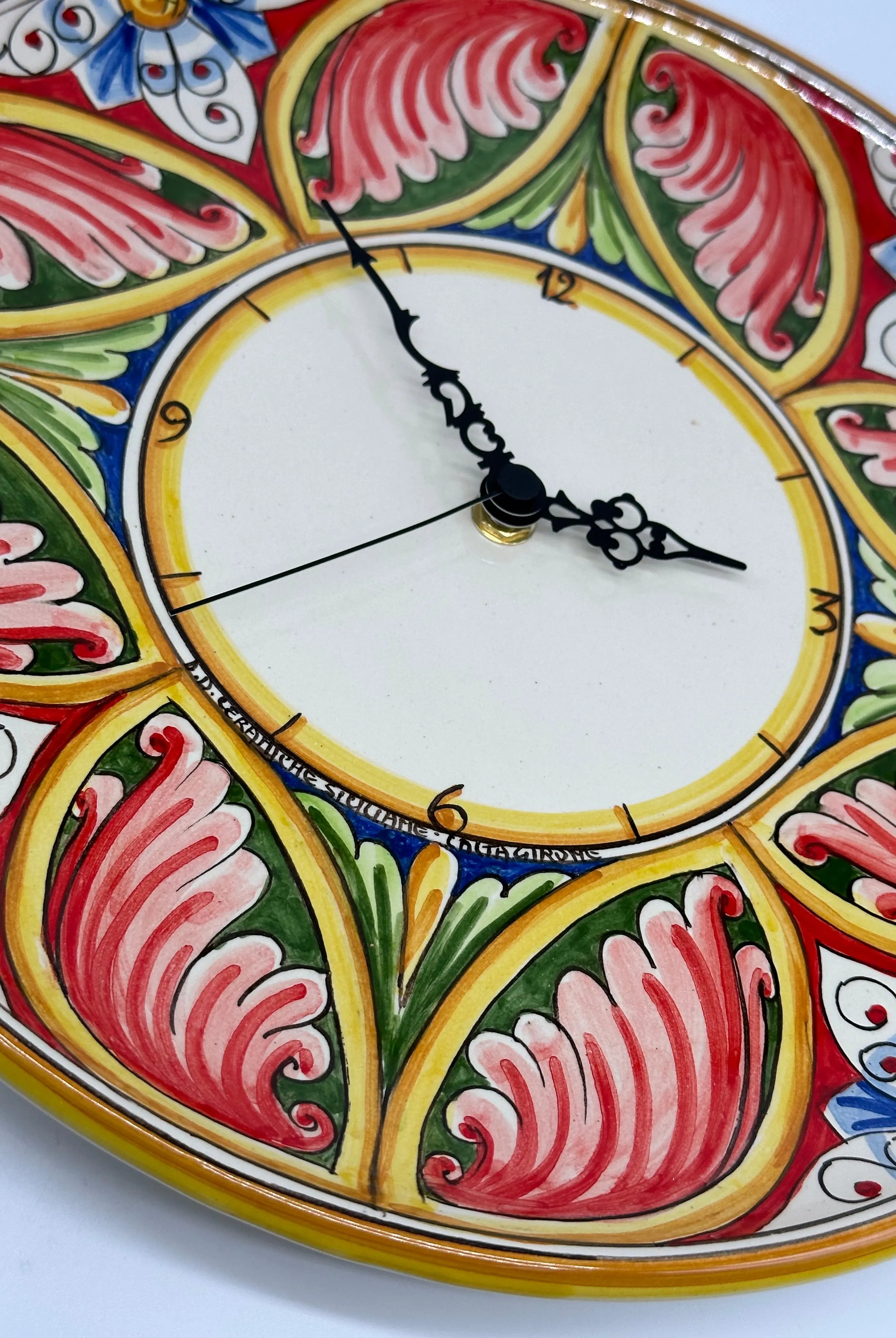 Orologio da Parete Ceramica Caltagirone Rotondo dipinto a mano cm D.30 Decoro n.8g DD CERAMICHE SICILIANE