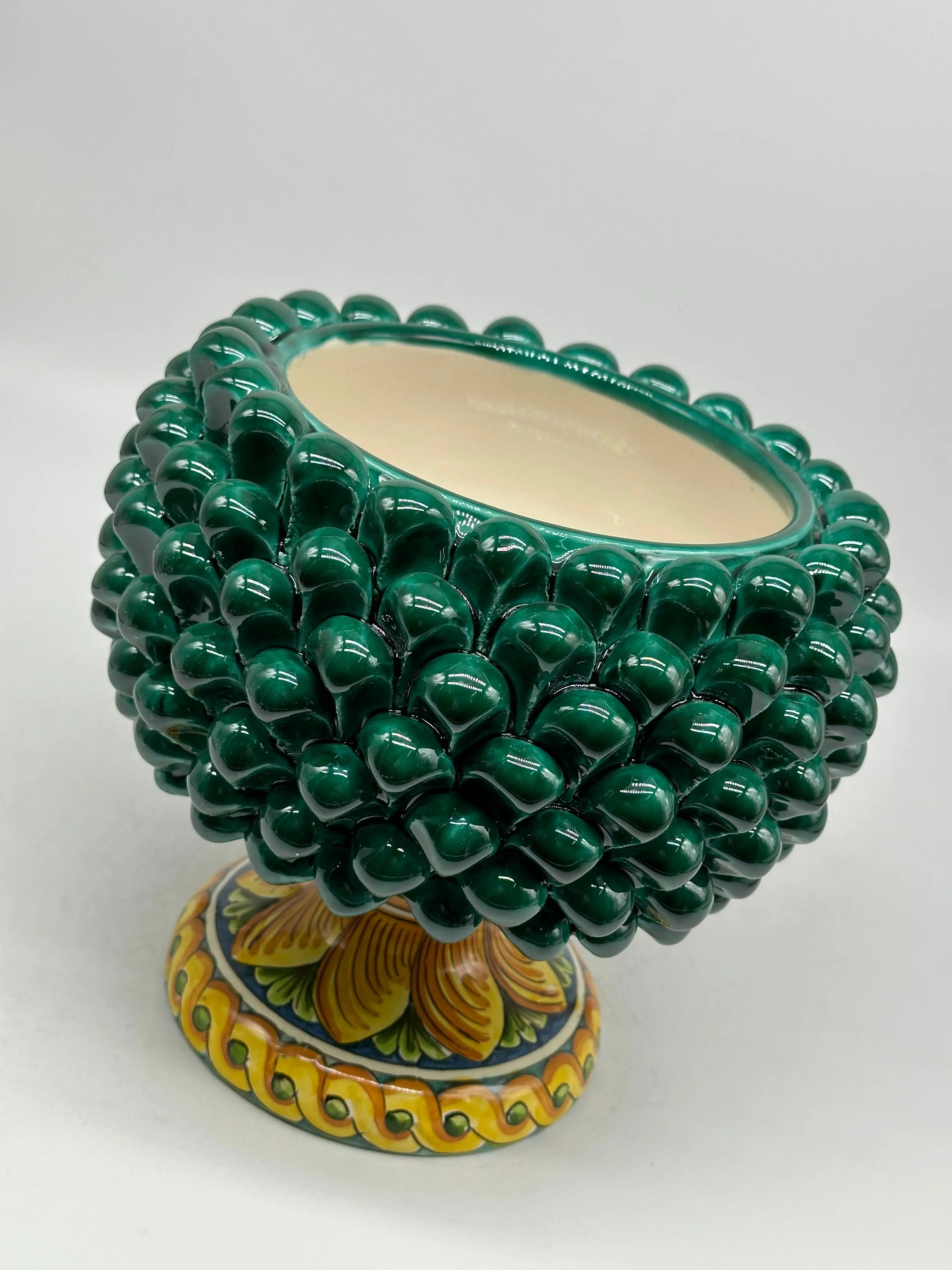 PEZZO CON DIFETTO - Portavaso Mezza Pigna Ceramica Caltagirone cm H.20 L.20 Artigianale Verde Rame Base Decorata DD CERAMICHE SICILIANE