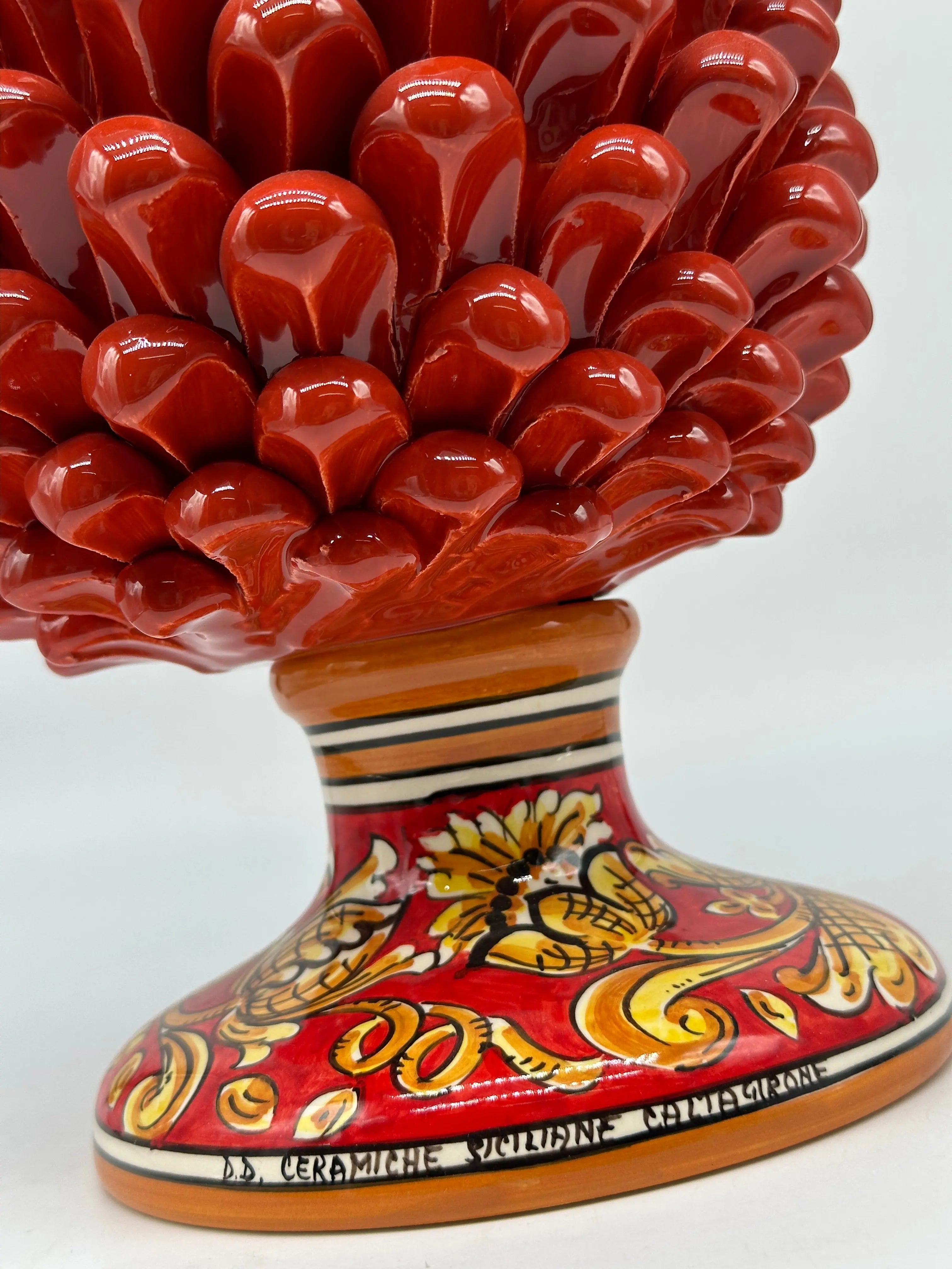 Pigna Ceramica Caltagirone cm H.30 Artigianale Rosso Base Decorata Giglio DD CERAMICHE SICILIANE