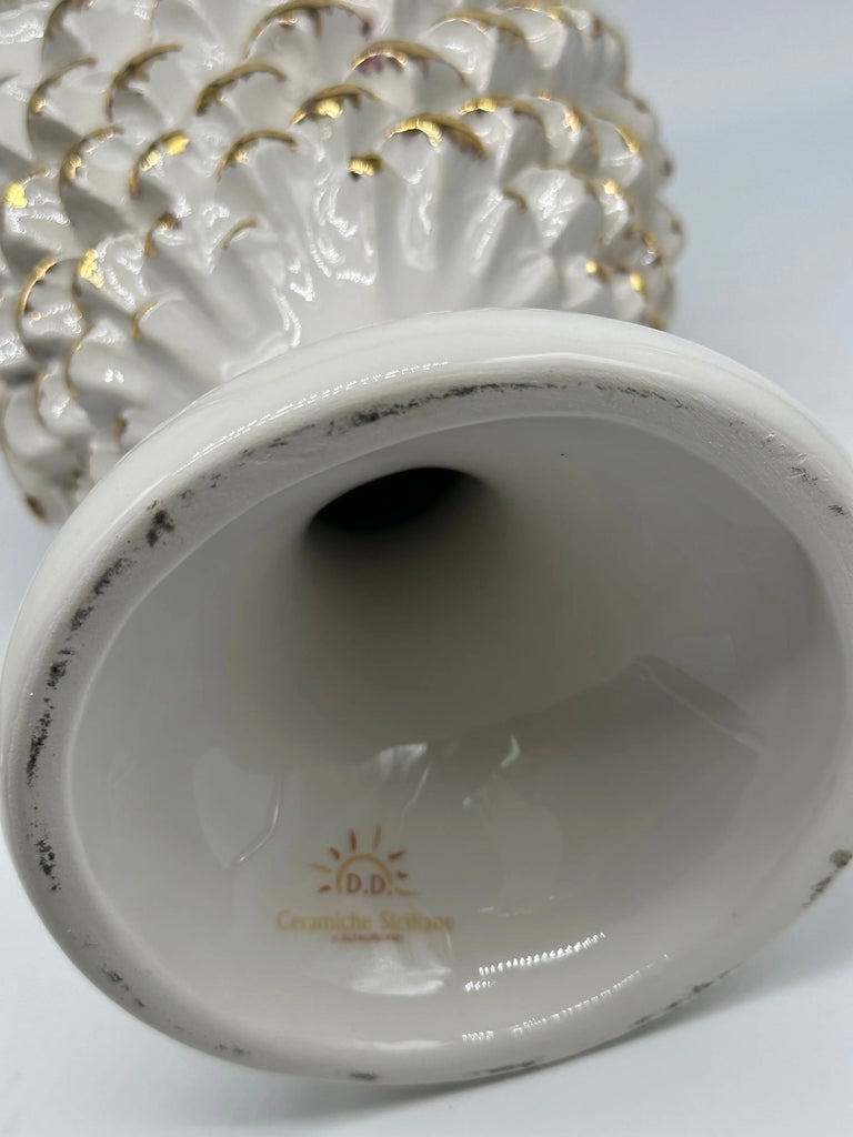 Pigna Ceramica Caltagirone cm H.35 L.17 Artigianale Bianco Oro Linea Luis DD CERAMICHE SICILIANE