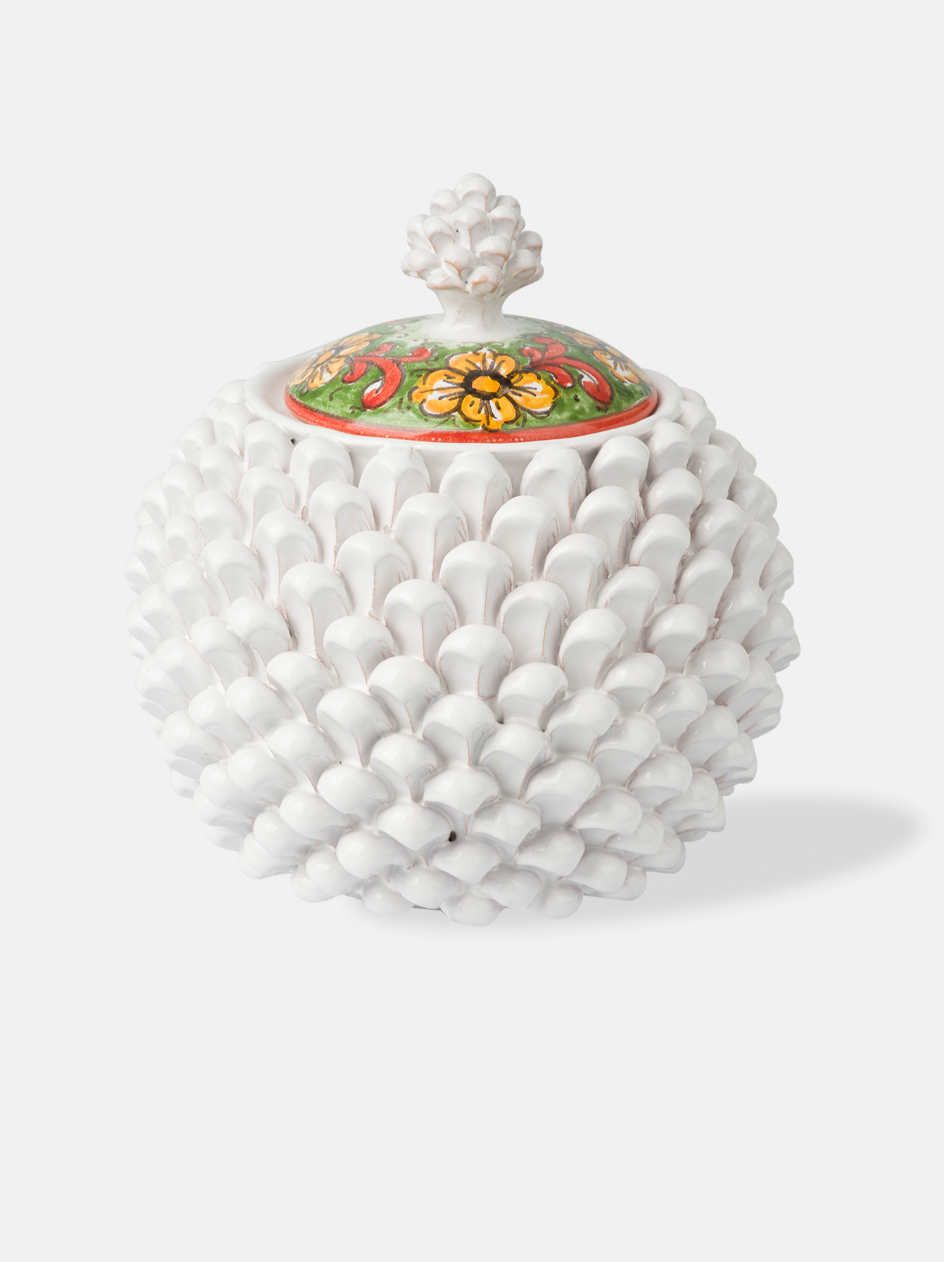 Barattolo Pigna TDS Ceramica Caltagirone cm H.20 Artigianale Bianco V.2 - OGGETTISTICA