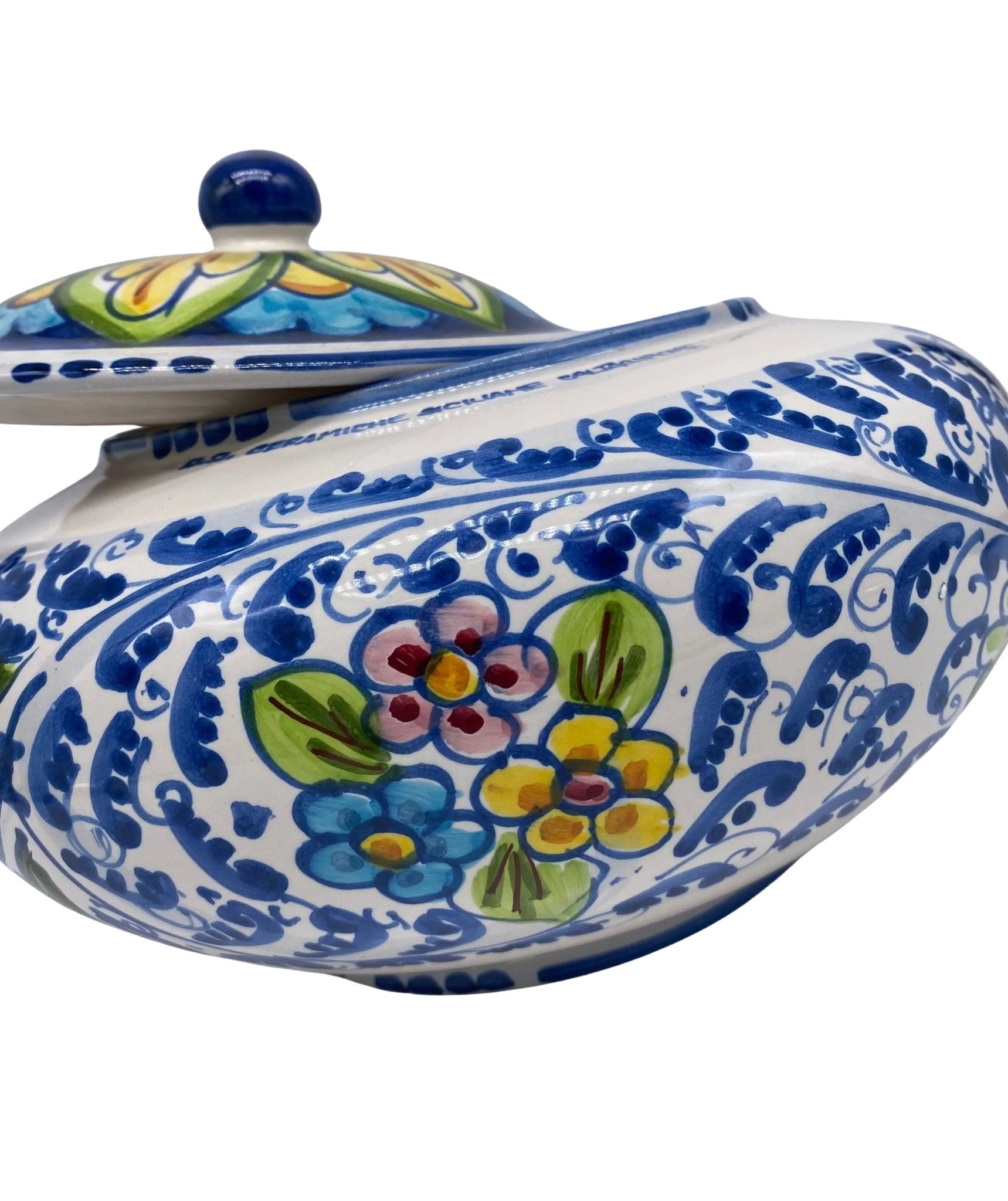 Biscottiera Decorata ‘600 Fiori Ceramica Caltagirone cm H.18 L.24 Artigianale - DD CERAMICHE SICILIANE
