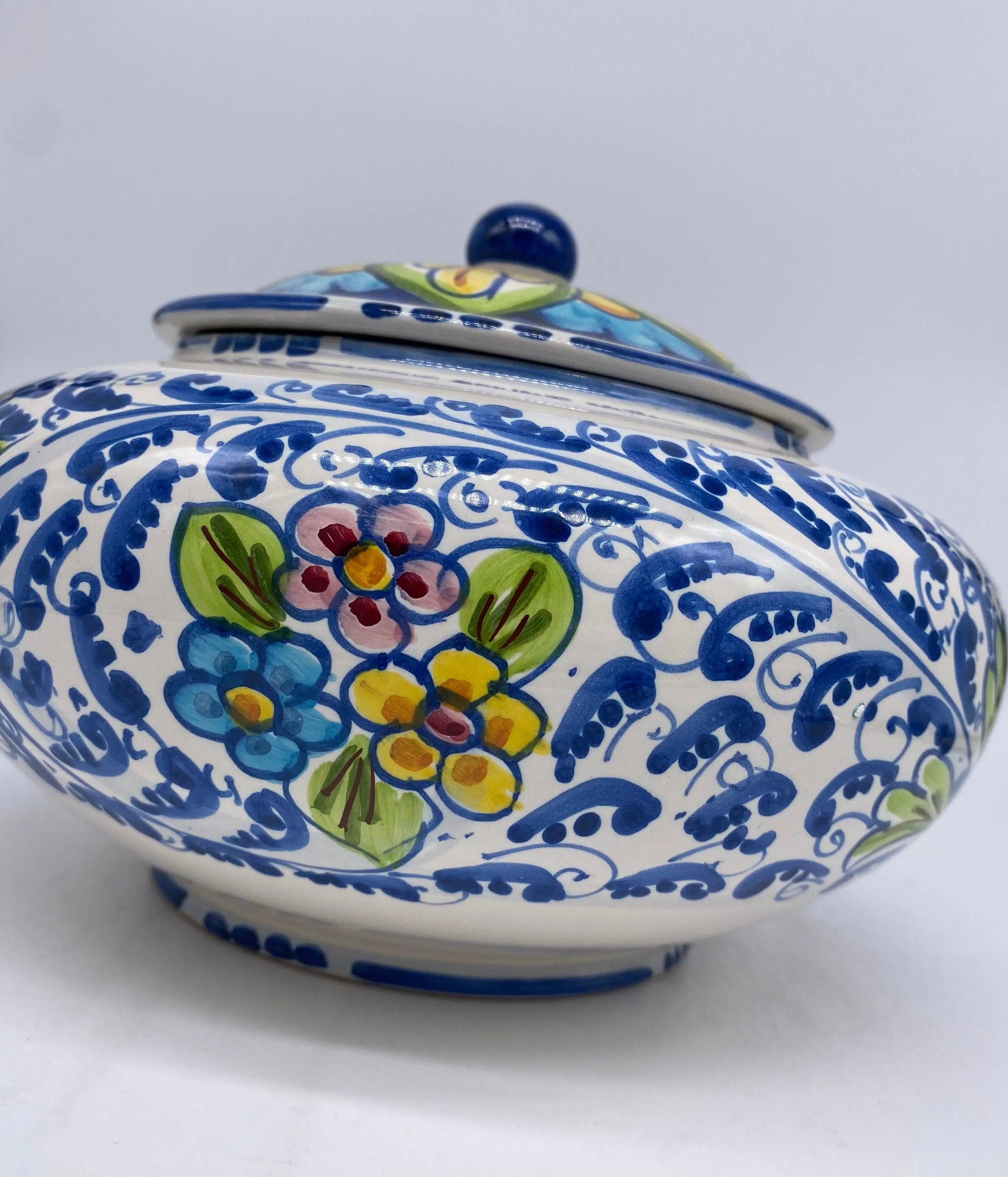 Biscottiera Decorata 600 Fiori Ceramica Caltagirone cm H.18 L.24 Artigianale DD CERAMICHE SICILIANE