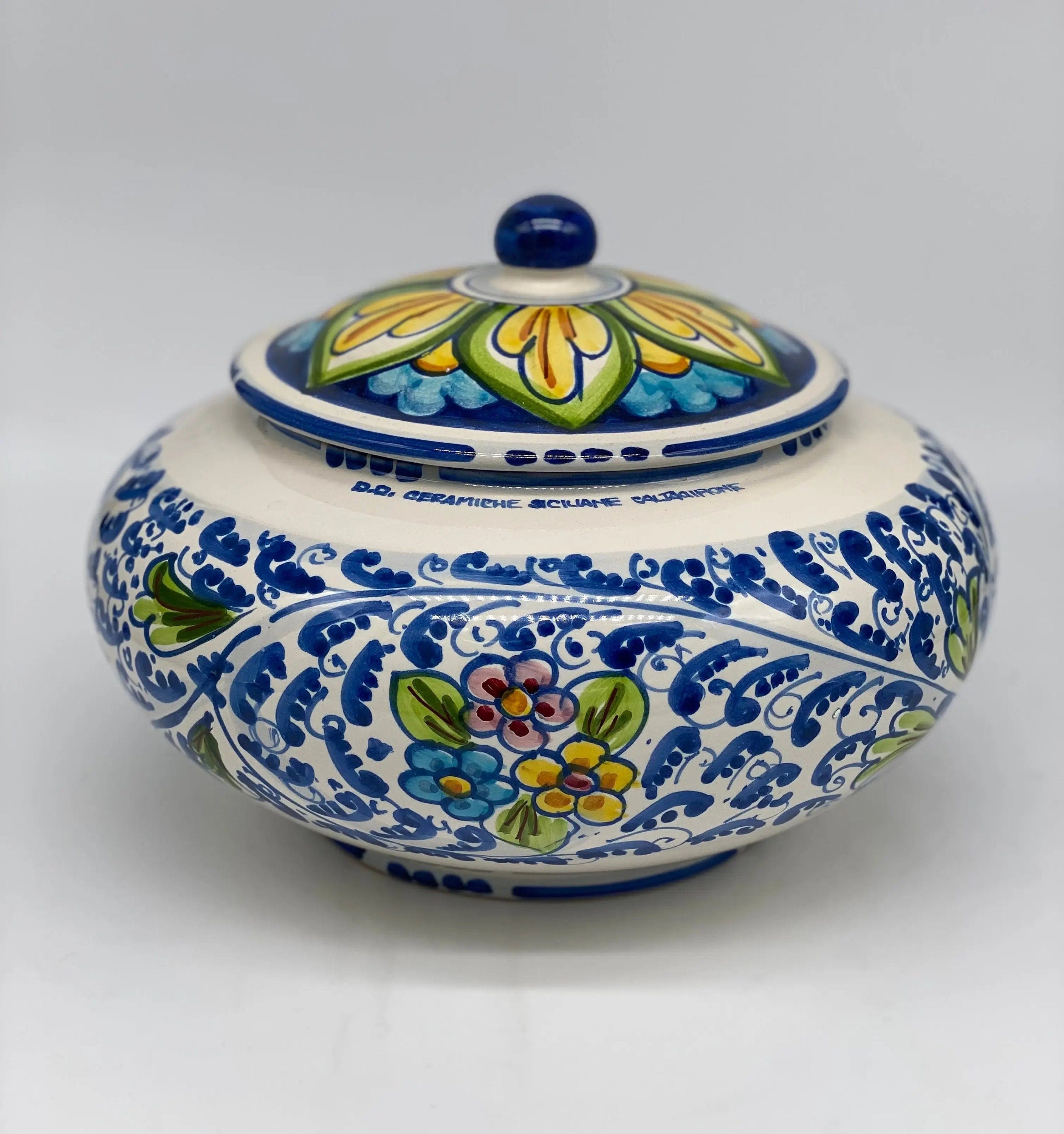 Biscottiera Decorata 600 Fiori Ceramica Caltagirone cm H.18 L.24 Artigianale DD CERAMICHE SICILIANE