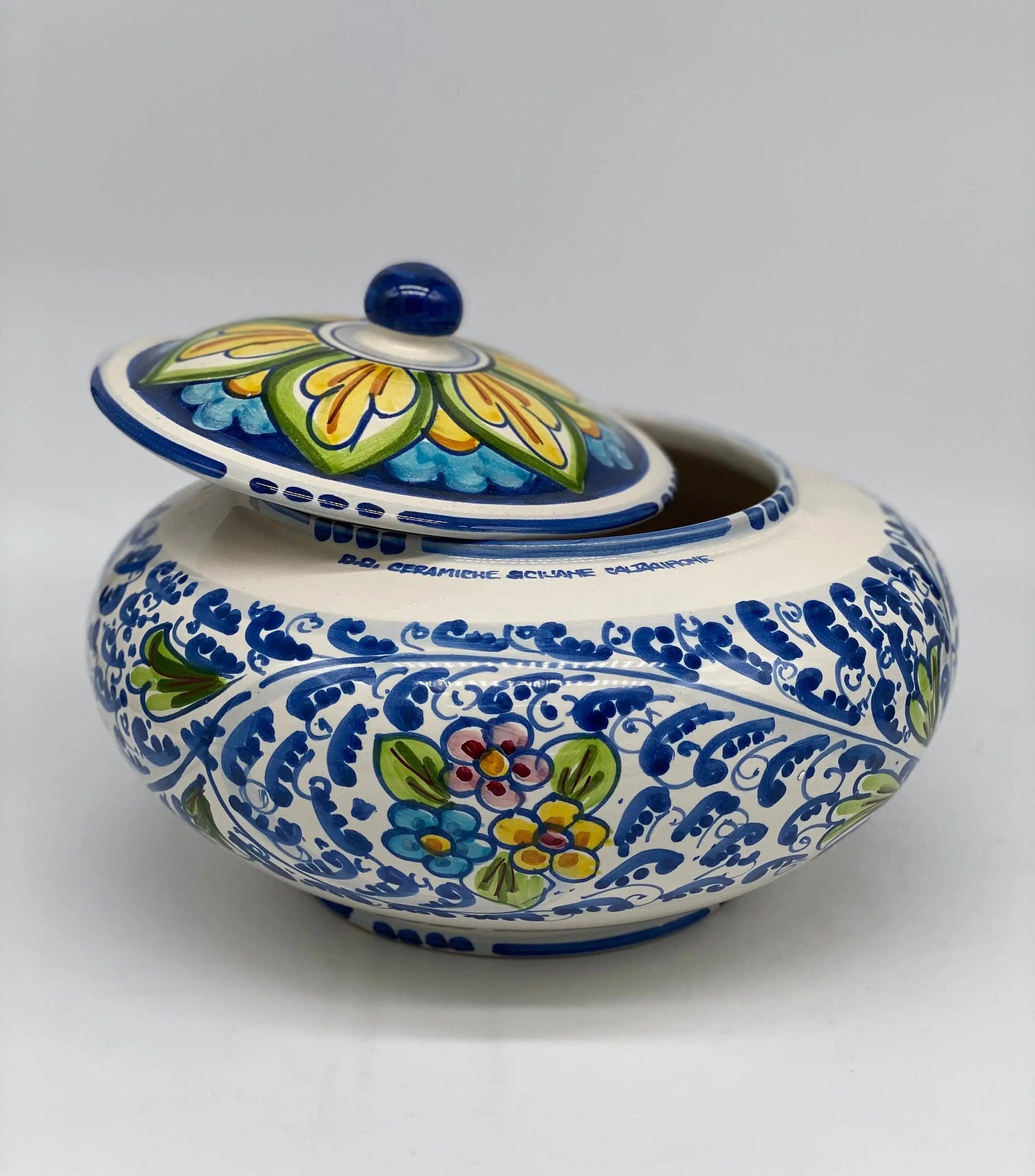 Biscottiera Decorata 600 Fiori Ceramica Caltagirone cm H.18 L.24 Artigianale DD CERAMICHE SICILIANE