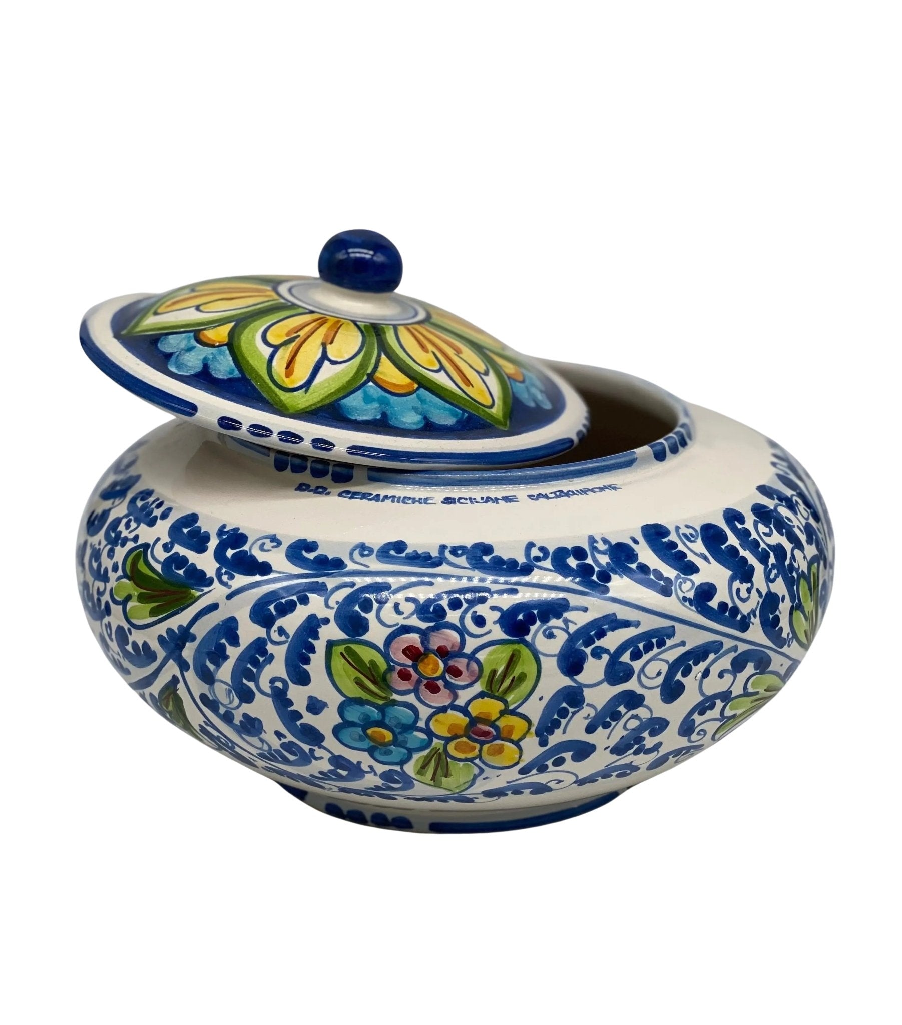 Biscottiera Decorata ‘600 Fiori Ceramica Caltagirone cm H.18 L.24 Artigianale - DD CERAMICHE SICILIANE