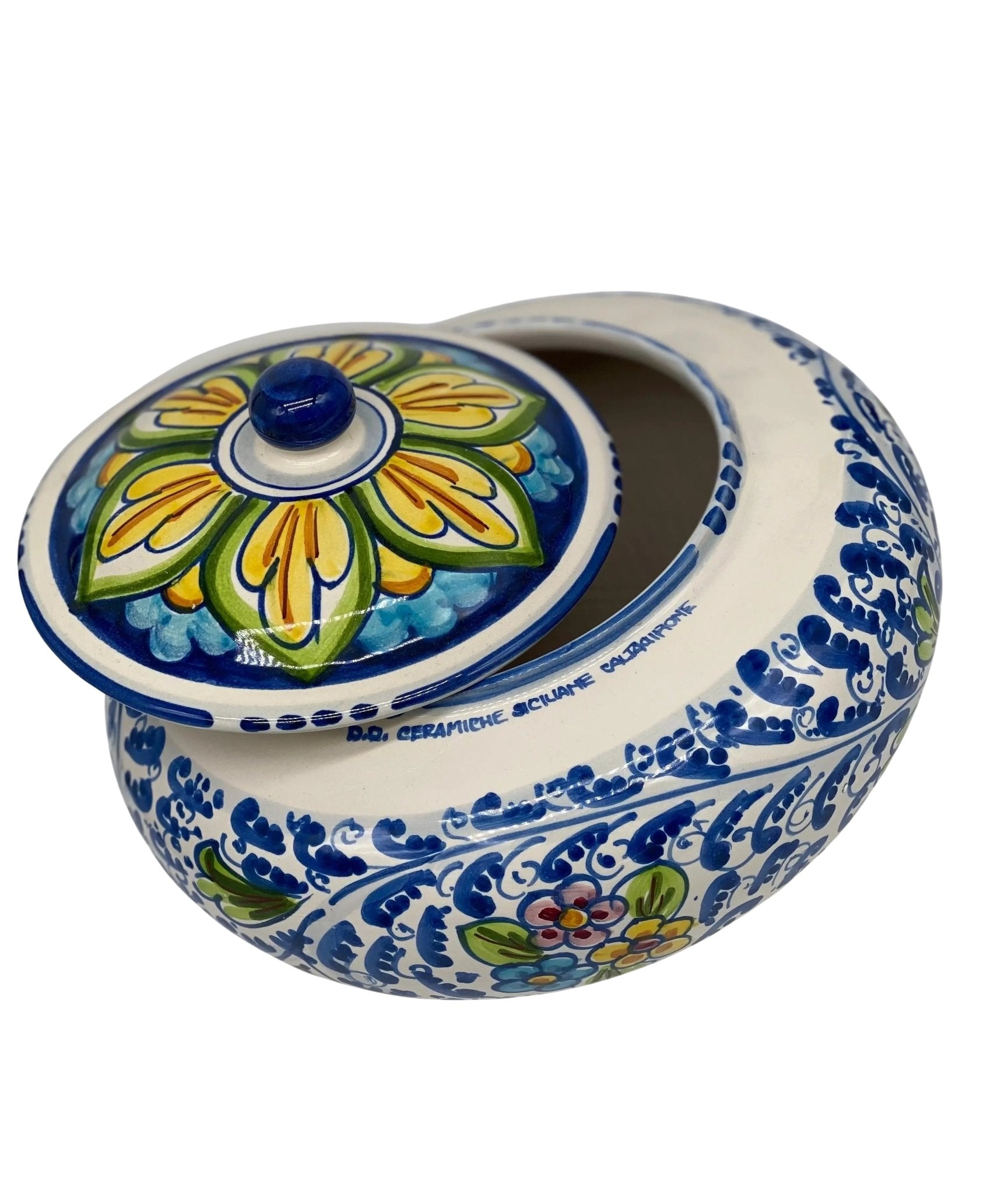Biscottiera Decorata ‘600 Fiori Ceramica Caltagirone cm H.18 L.24 Artigianale - DD CERAMICHE SICILIANE
