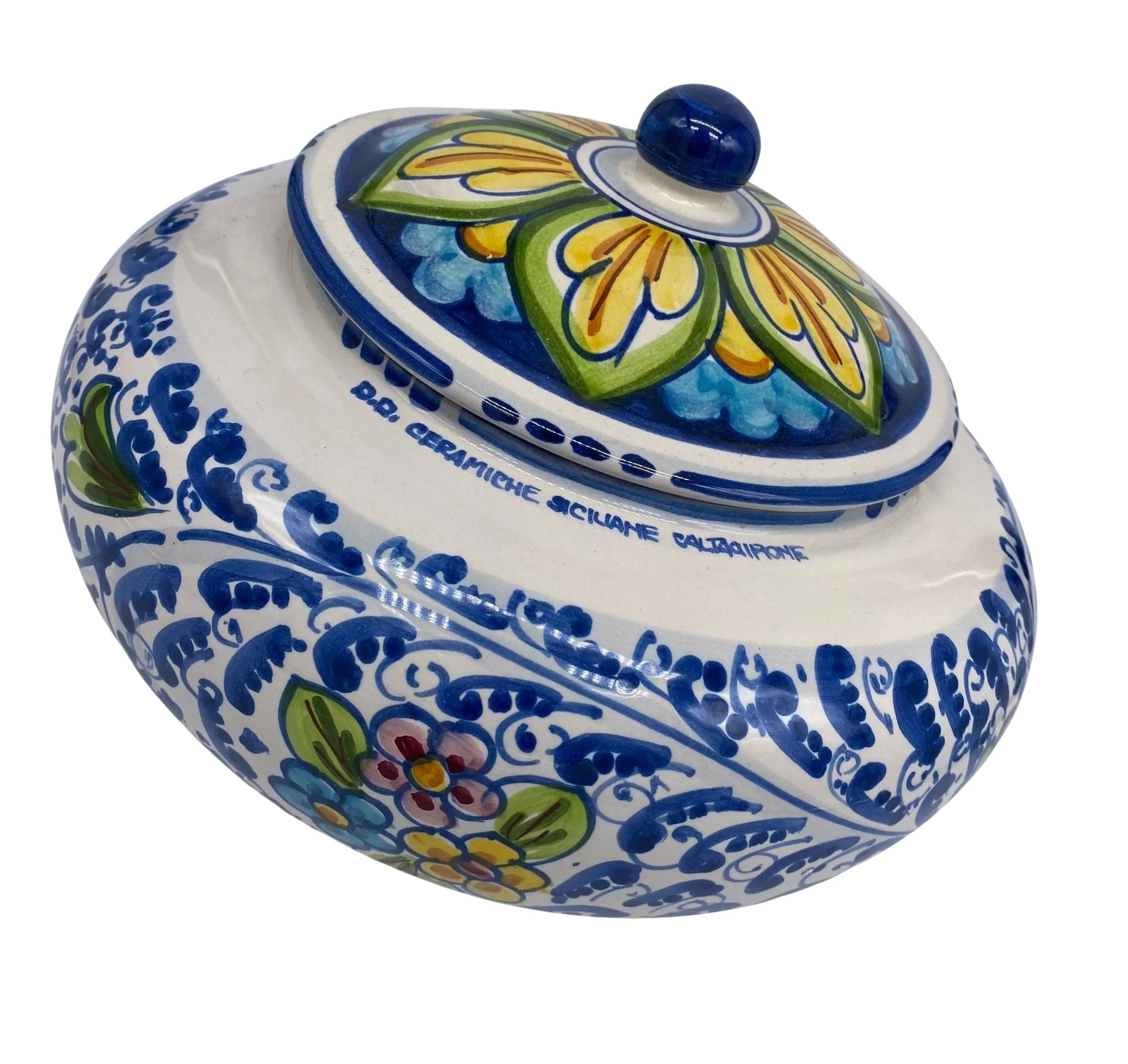 Biscottiera Decorata ‘600 Fiori Ceramica Caltagirone cm H.18 L.24 Artigianale - DD CERAMICHE SICILIANE