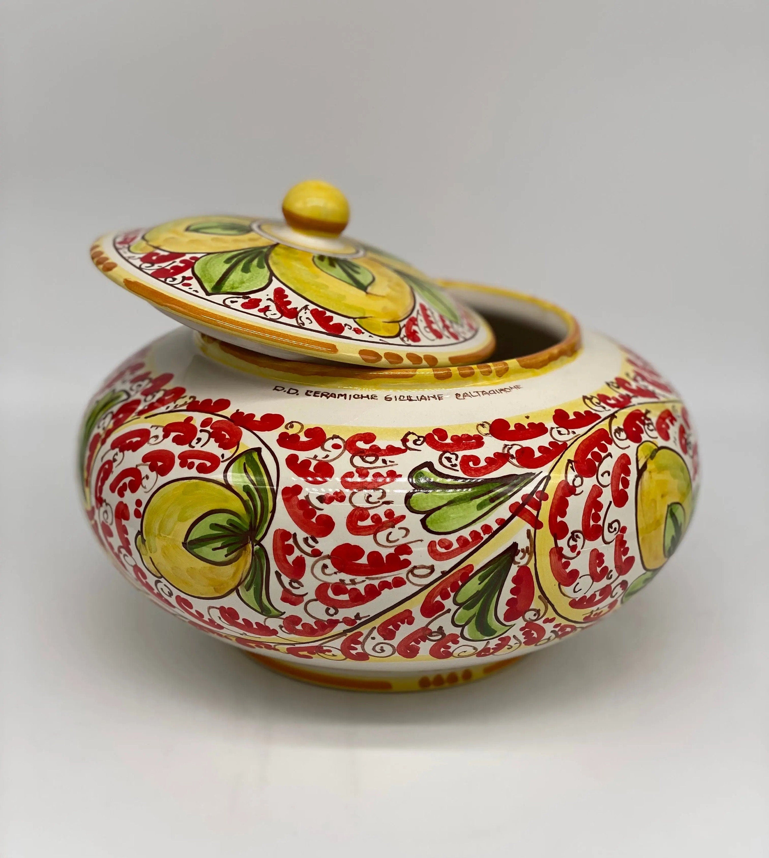 Biscottiera Decorata 600 Limoni Ceramica Caltagirone cm H.18 L.24 Artigianale DD CERAMICHE SICILIANE