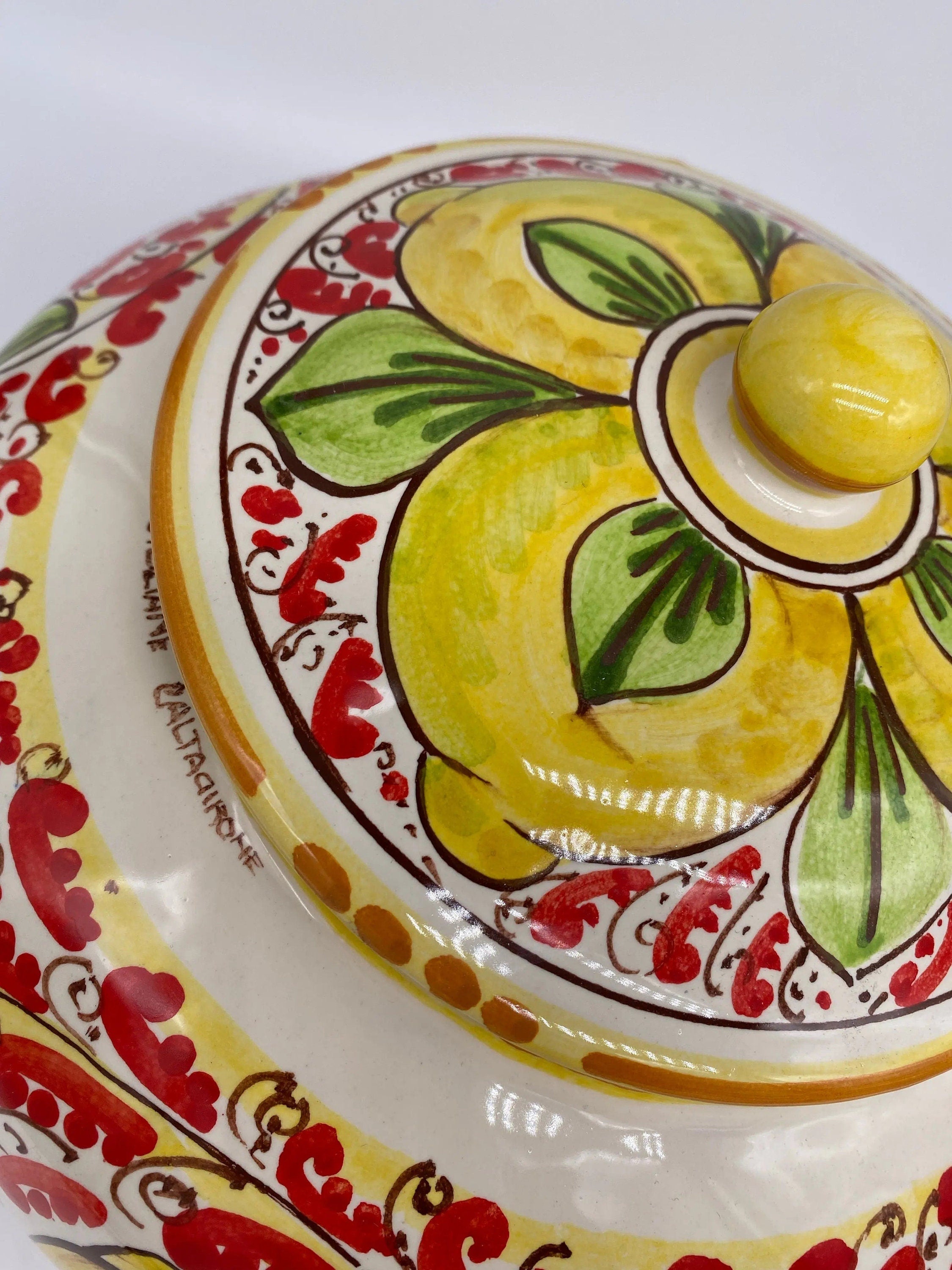 Biscottiera Decorata 600 Limoni Ceramica Caltagirone cm H.18 L.24 Artigianale DD CERAMICHE SICILIANE
