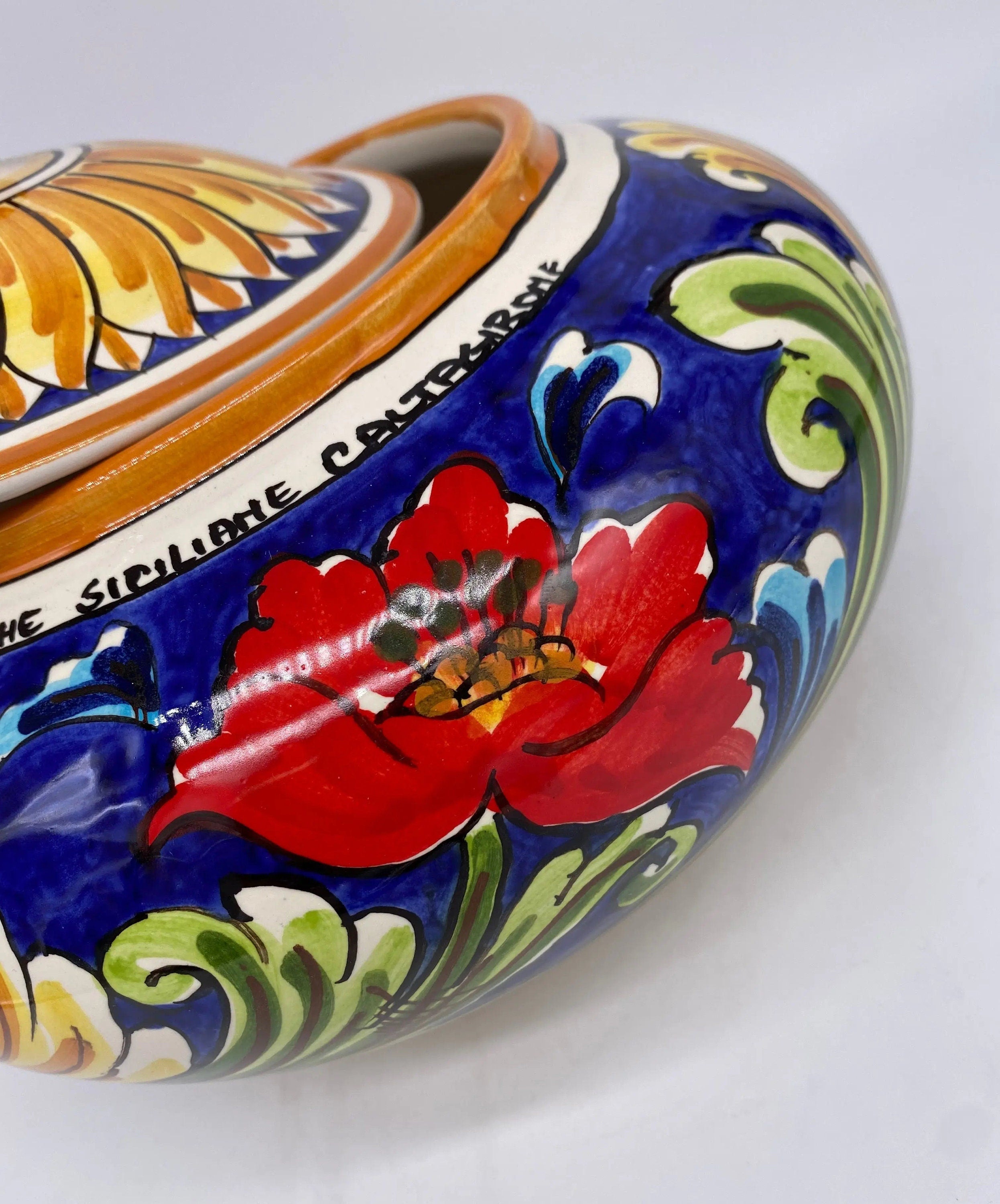 Biscottiera Decorata 700 Fiori Ceramica Caltagirone cm H.18 L.24 Artigianale DD CERAMICHE SICILIANE