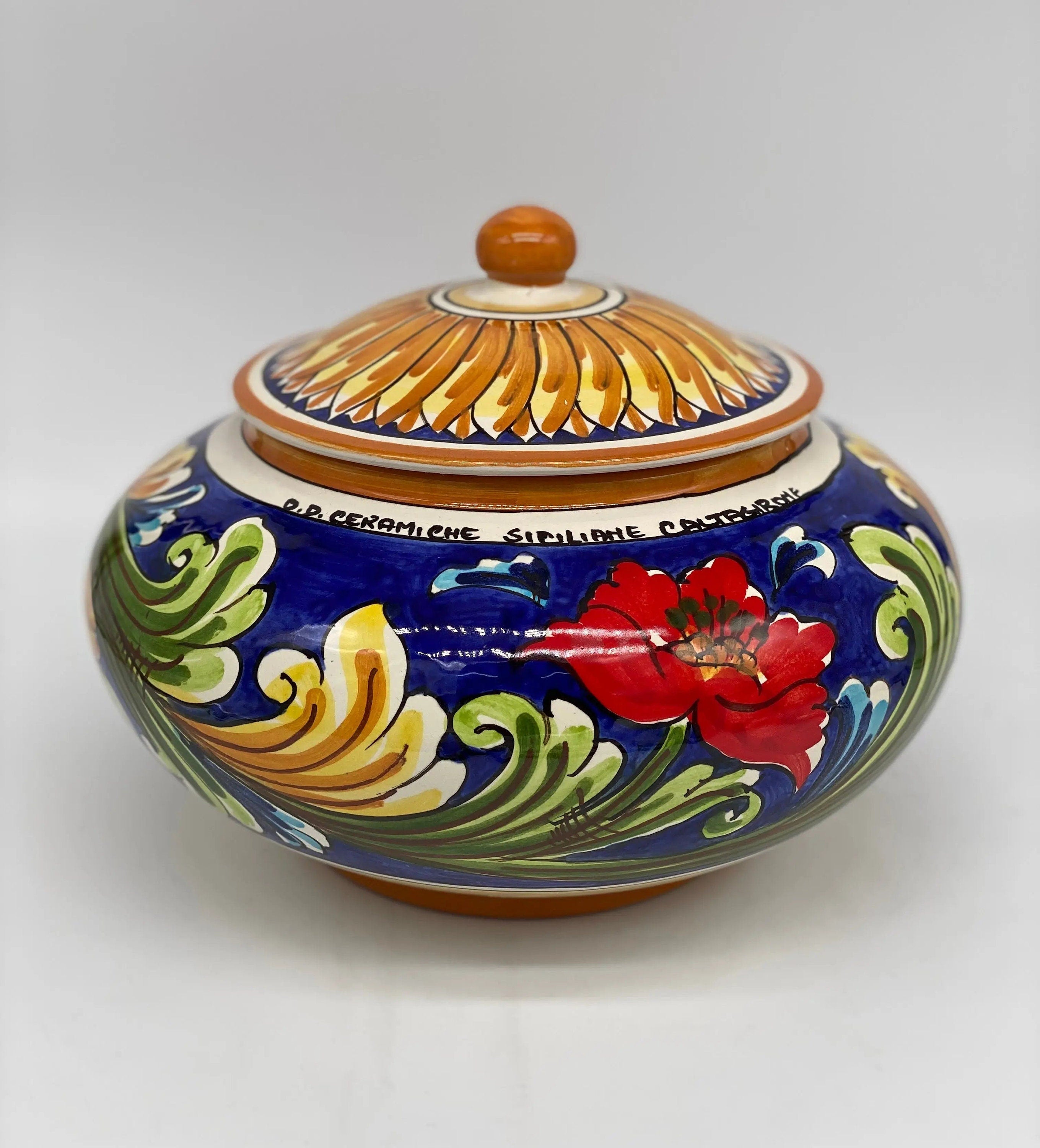 Biscottiera Decorata 700 Fiori Ceramica Caltagirone cm H.18 L.24 Artigianale DD CERAMICHE SICILIANE