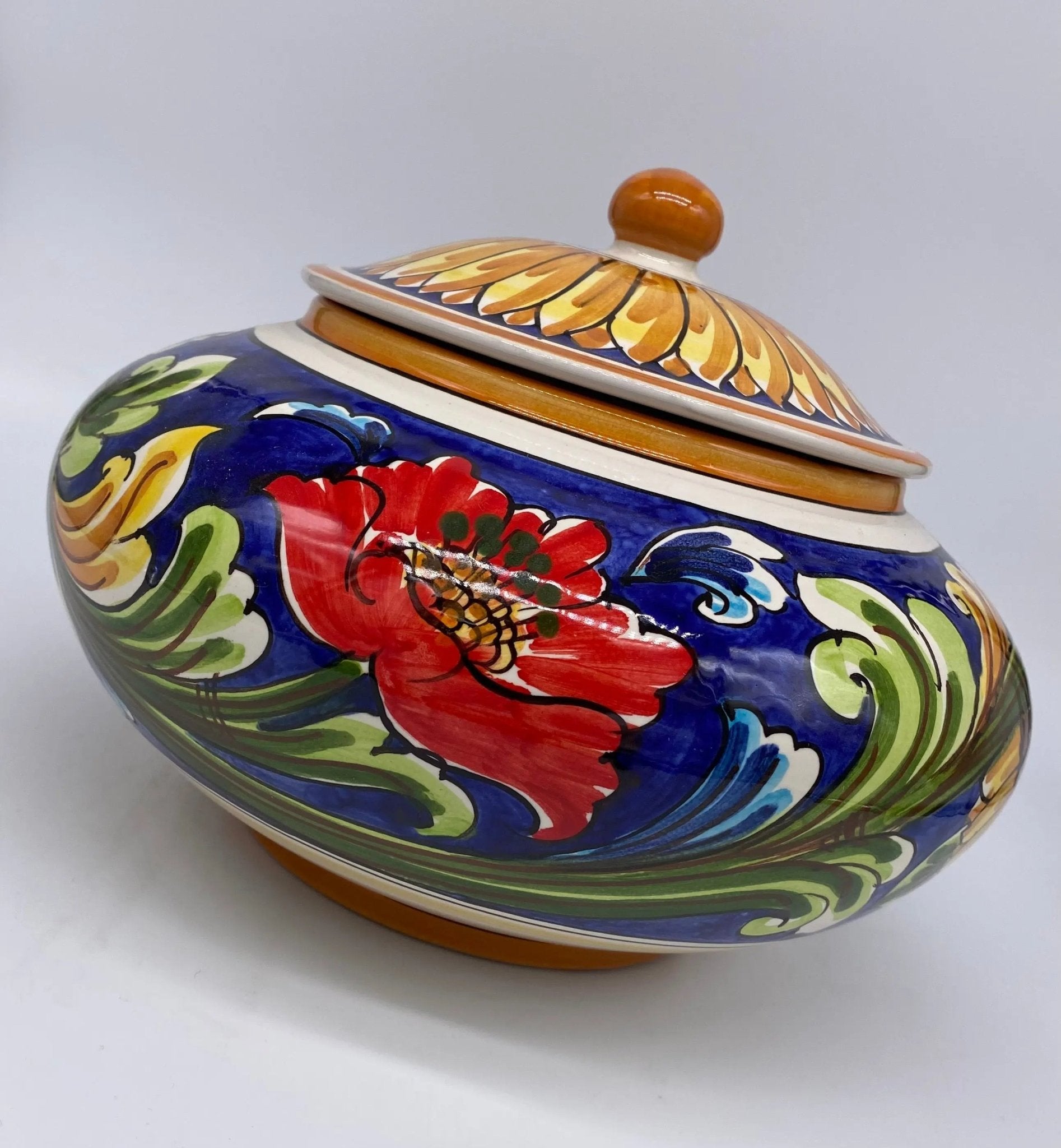 Biscottiera Decorata ‘700 Fiori Ceramica Caltagirone cm H.18 L.24 Artigianale - DD CERAMICHE SICILIANE