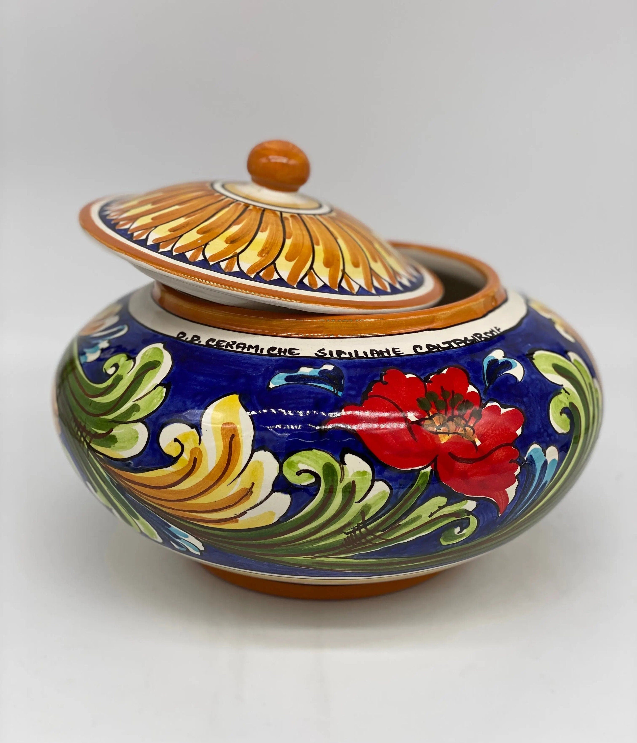 Biscottiera Decorata 700 Fiori Ceramica Caltagirone cm H.18 L.24 Artigianale DD CERAMICHE SICILIANE