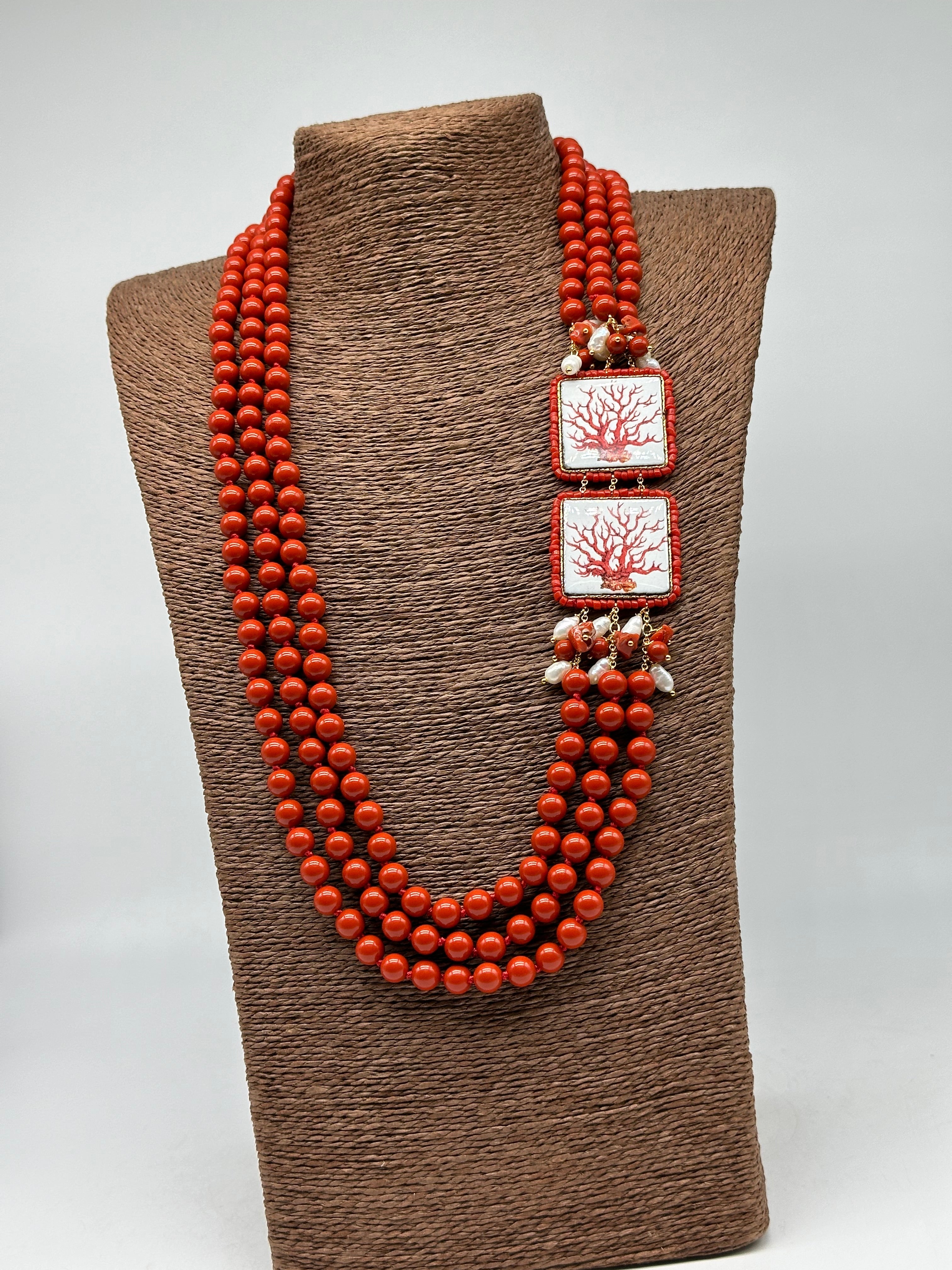 Collana 3 giri di Pietre Corallo 2 Piastrelle Ceramica di Caltagirone Perle - BIJOUX