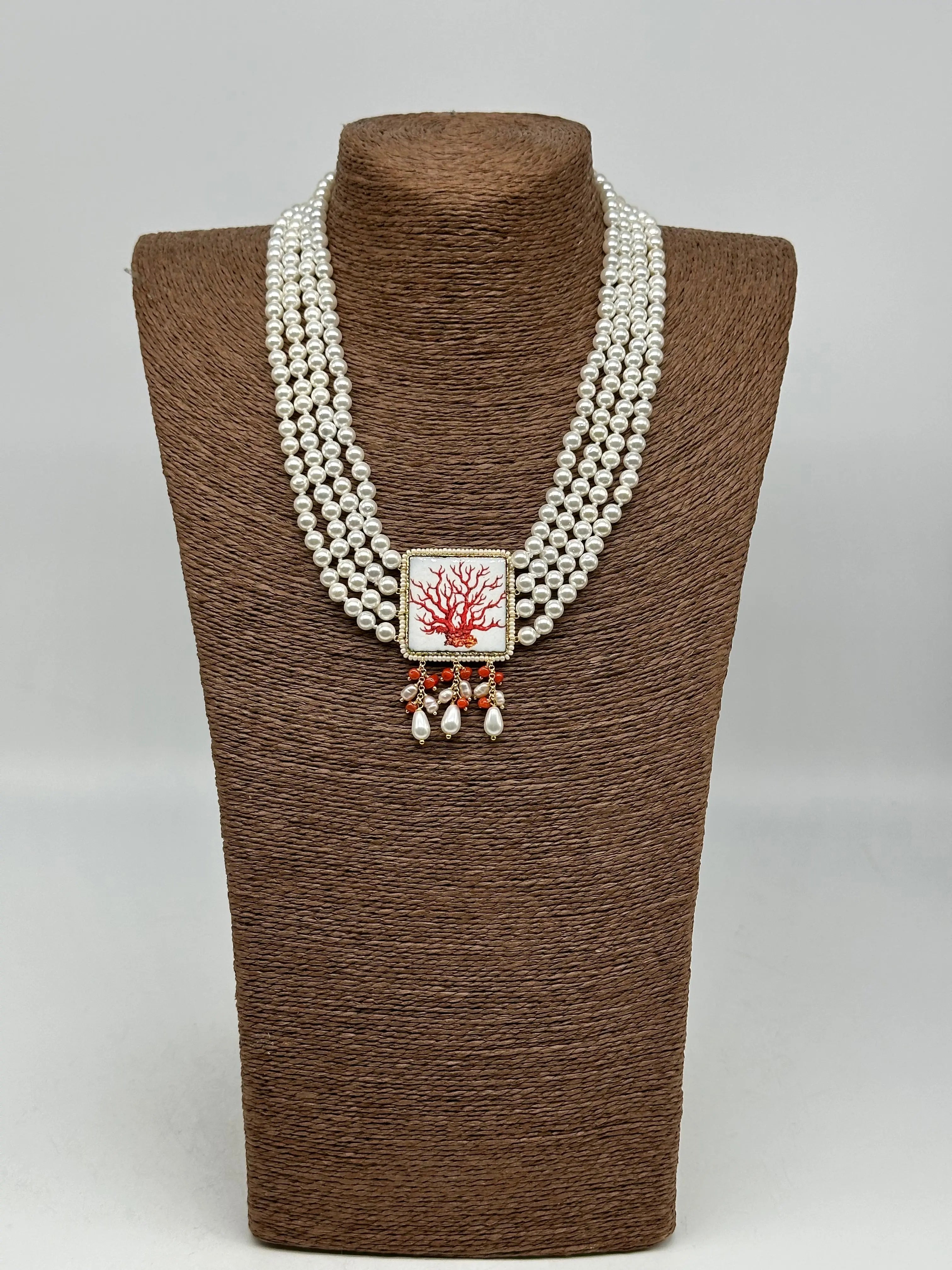 Collana 4 giri di Perle, Piastrella Ceramica di Caltagirone, Corallo DD CERAMICHE SICILIANE