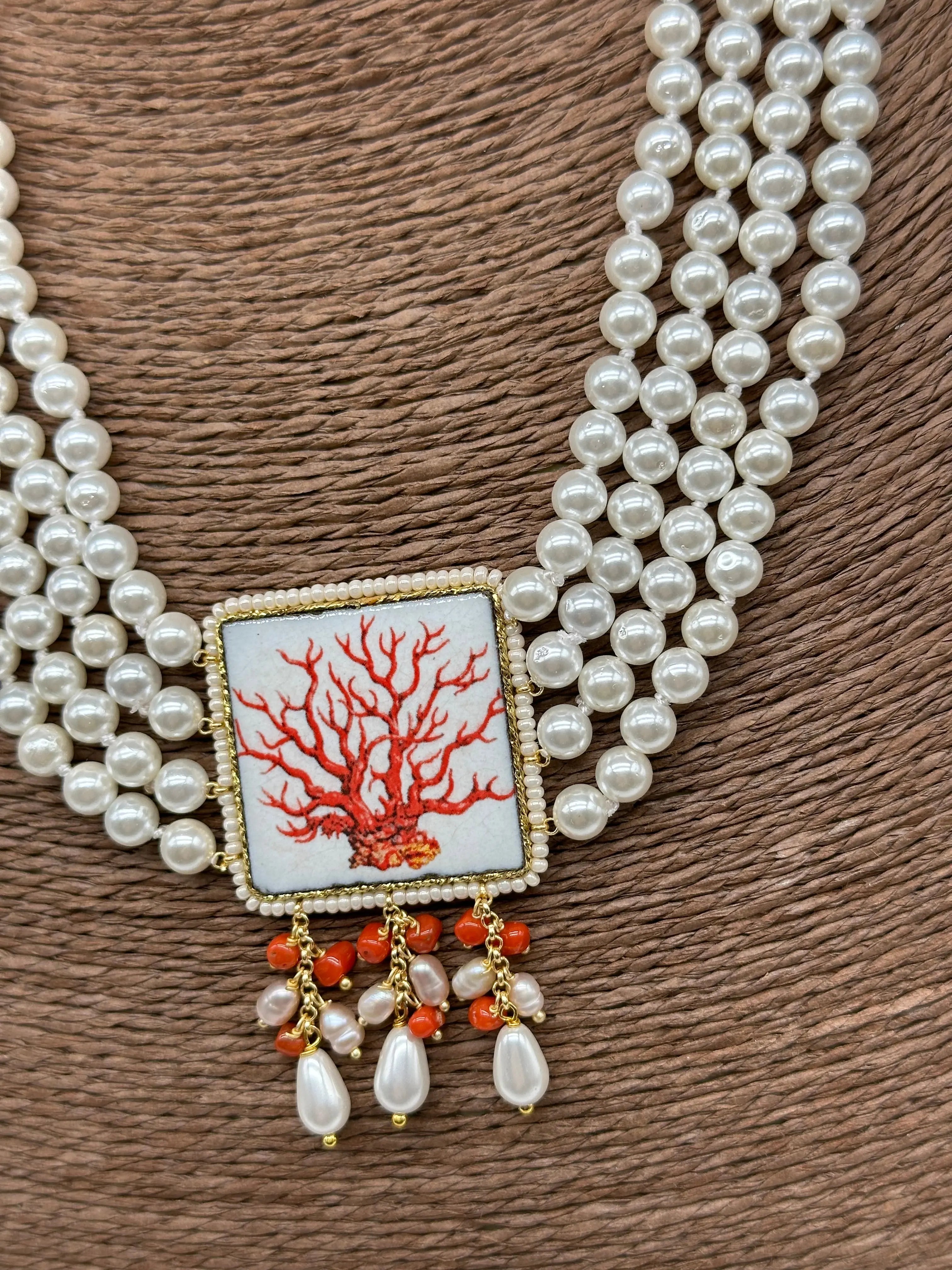 Collana 4 giri di Perle, Piastrella Ceramica di Caltagirone, Corallo DD CERAMICHE SICILIANE