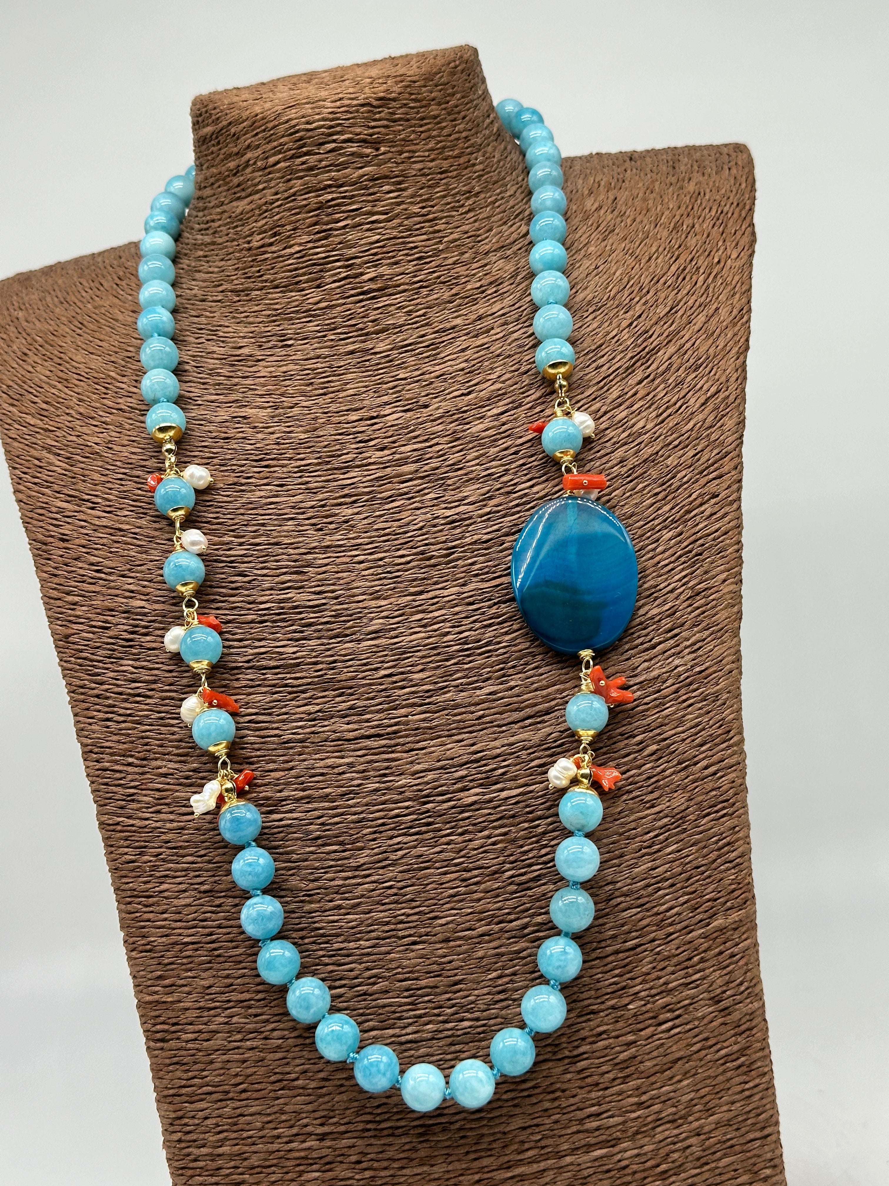 Collana Artigianale Pietre Turchese Corallo e Perle bianche BIJOUX