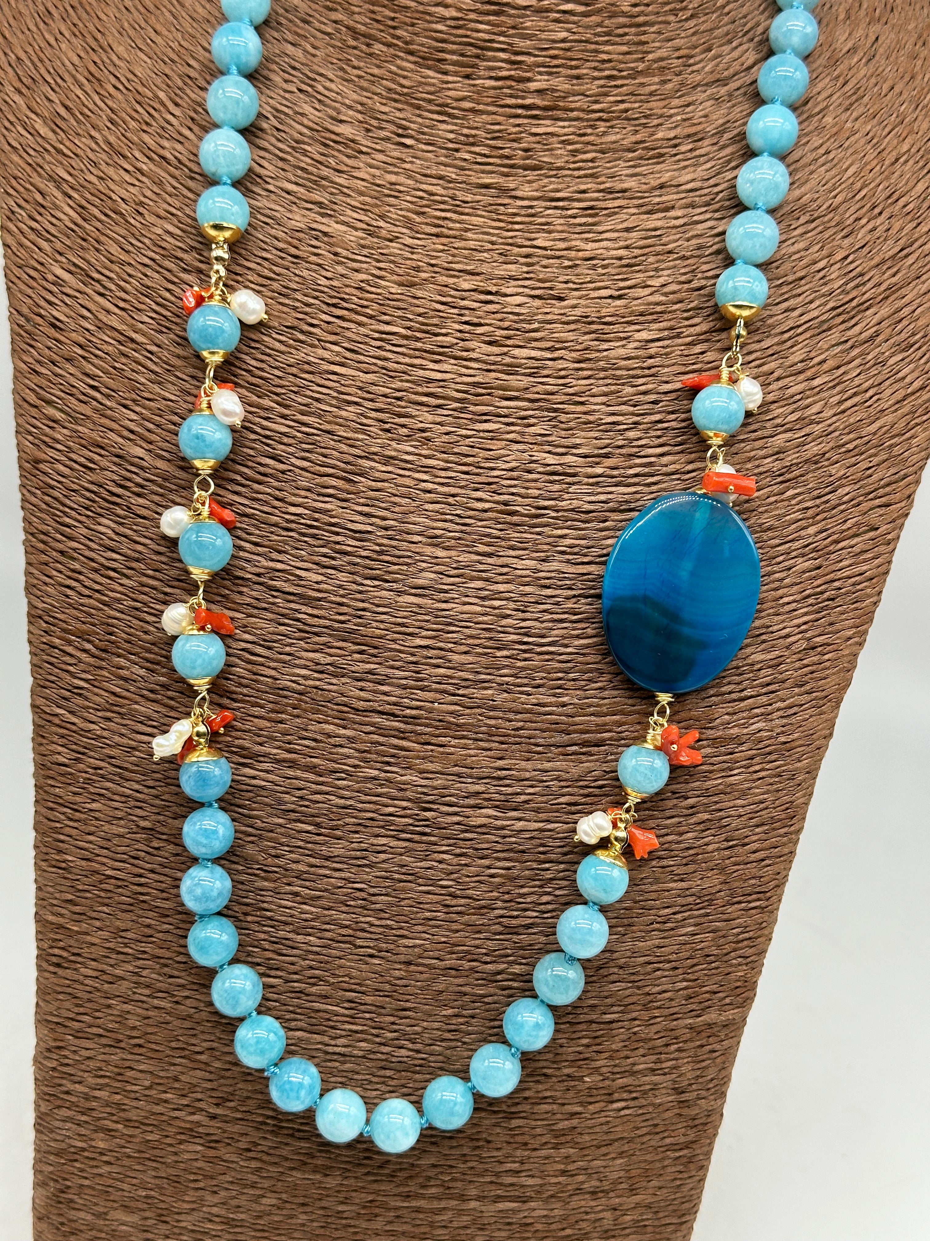 Collana Artigianale Pietre Turchese Corallo e Perle bianche BIJOUX