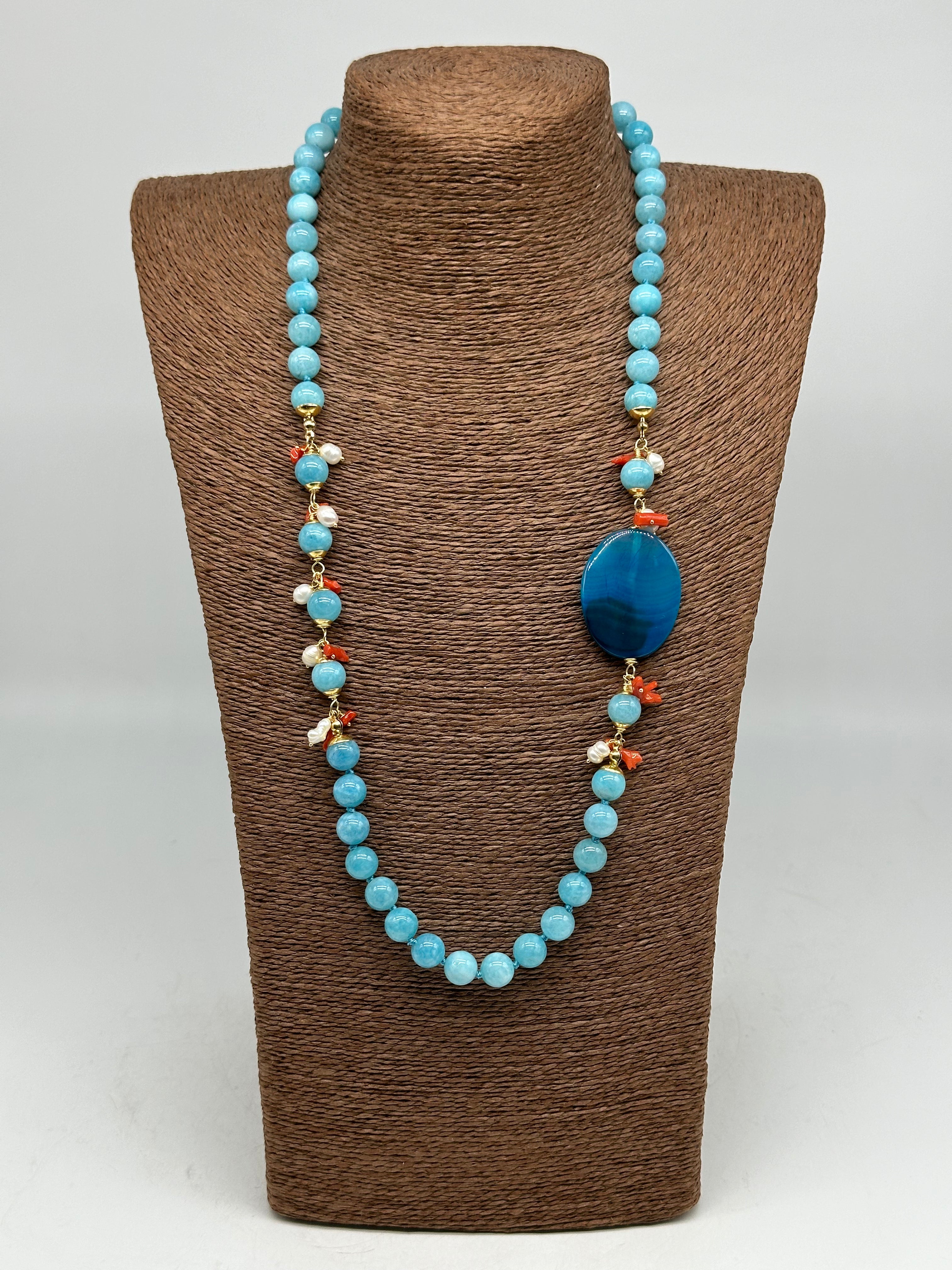 Collana Artigianale Pietre Turchese Corallo e Perle bianche BIJOUX