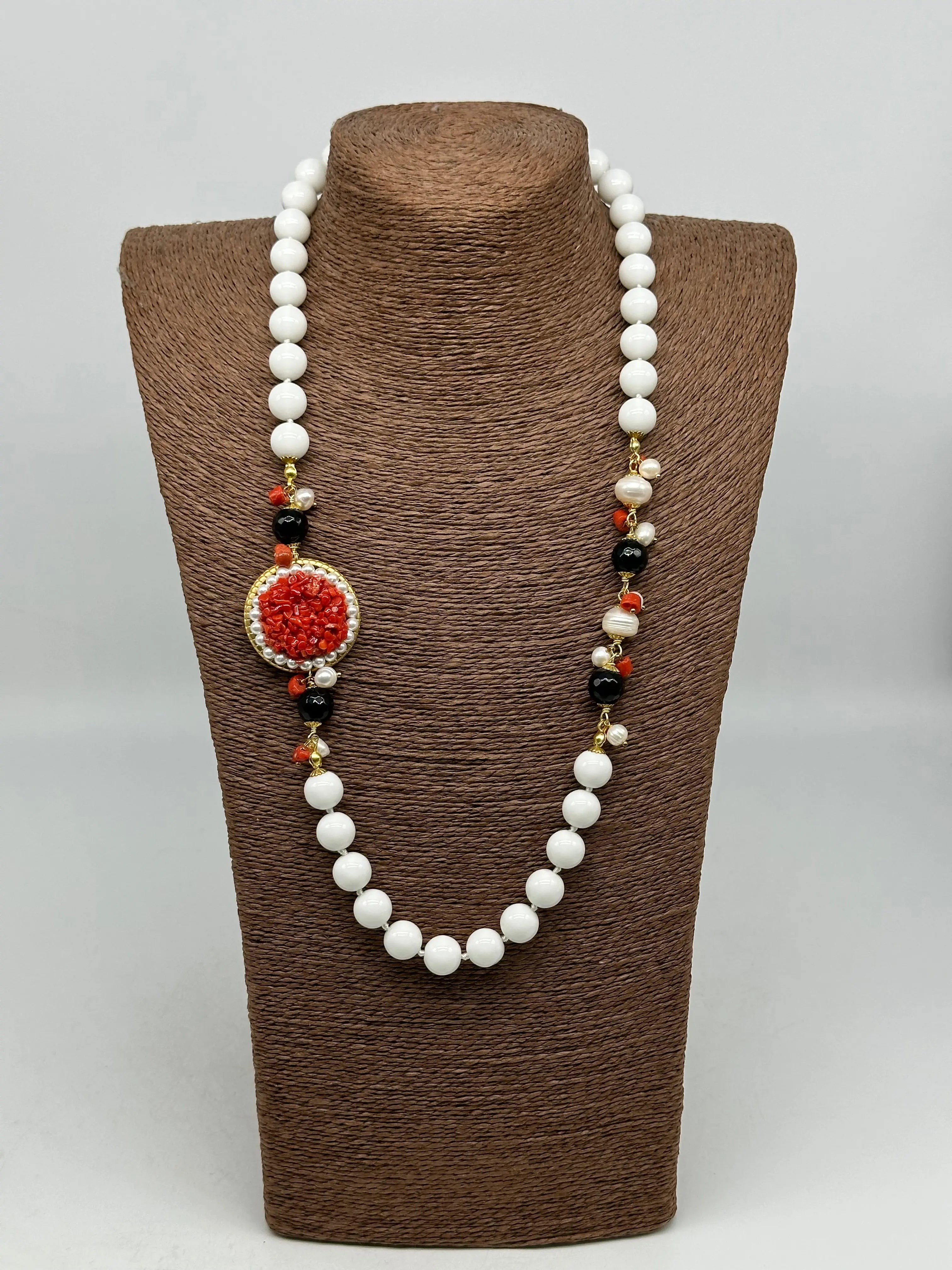 Collana Ceramica di Caltagirone Medaglione Corallo e Perle V.2 DD CERAMICHE SICILIANE