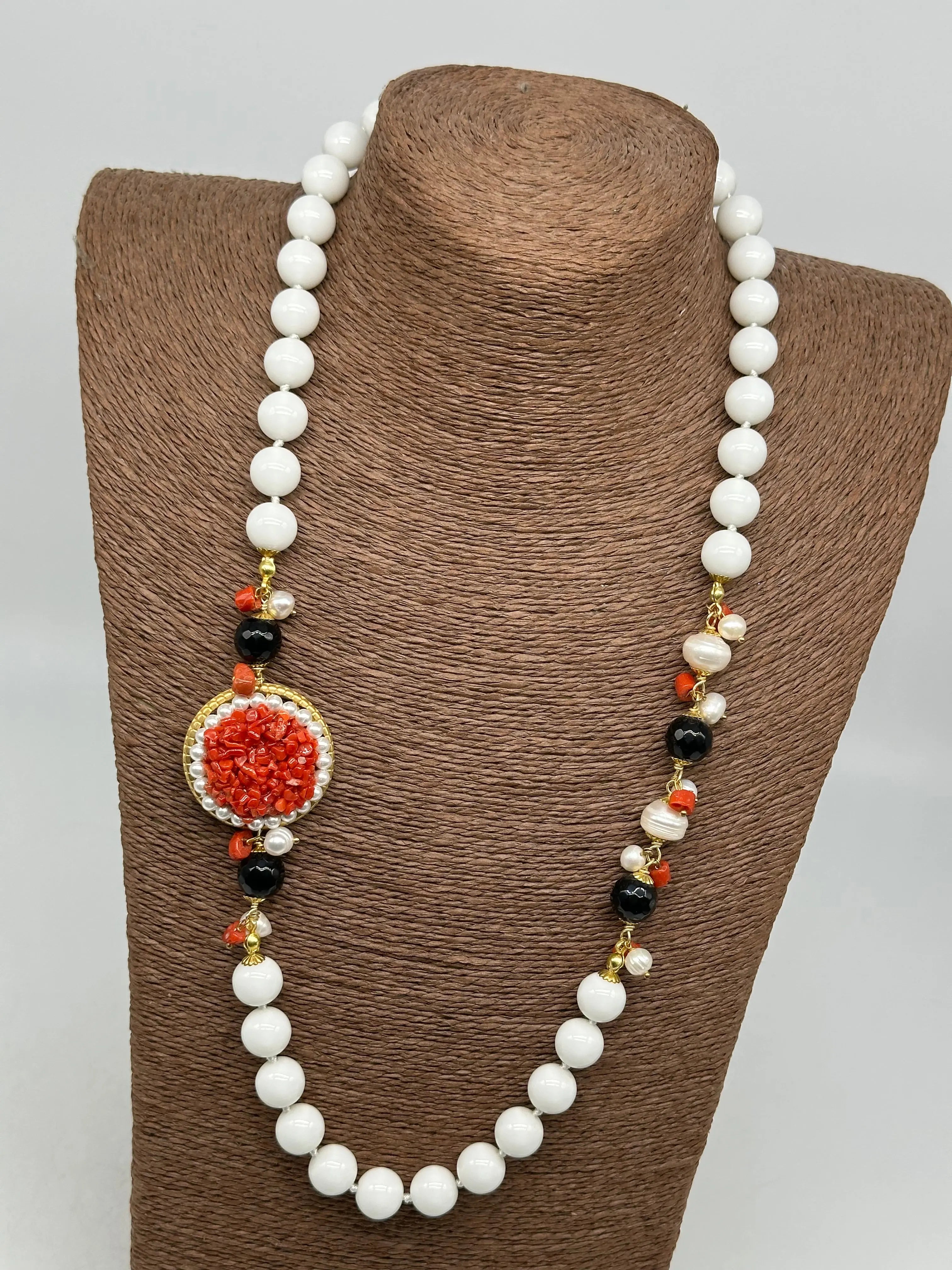 Collana Ceramica di Caltagirone Medaglione Corallo e Perle V.2 DD CERAMICHE SICILIANE