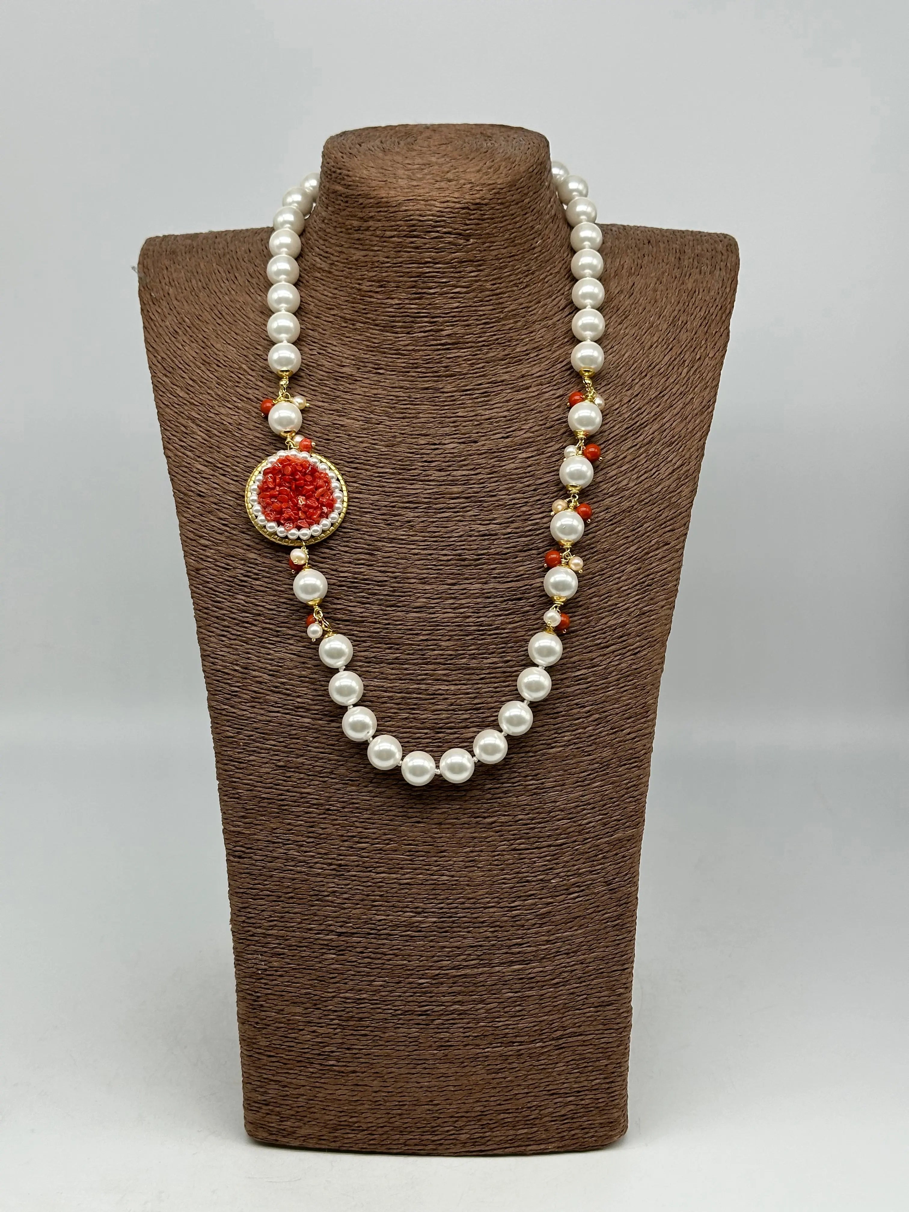 Collana Ceramica di Caltagirone Medaglione Corallo e Perle V.3 DD CERAMICHE SICILIANE