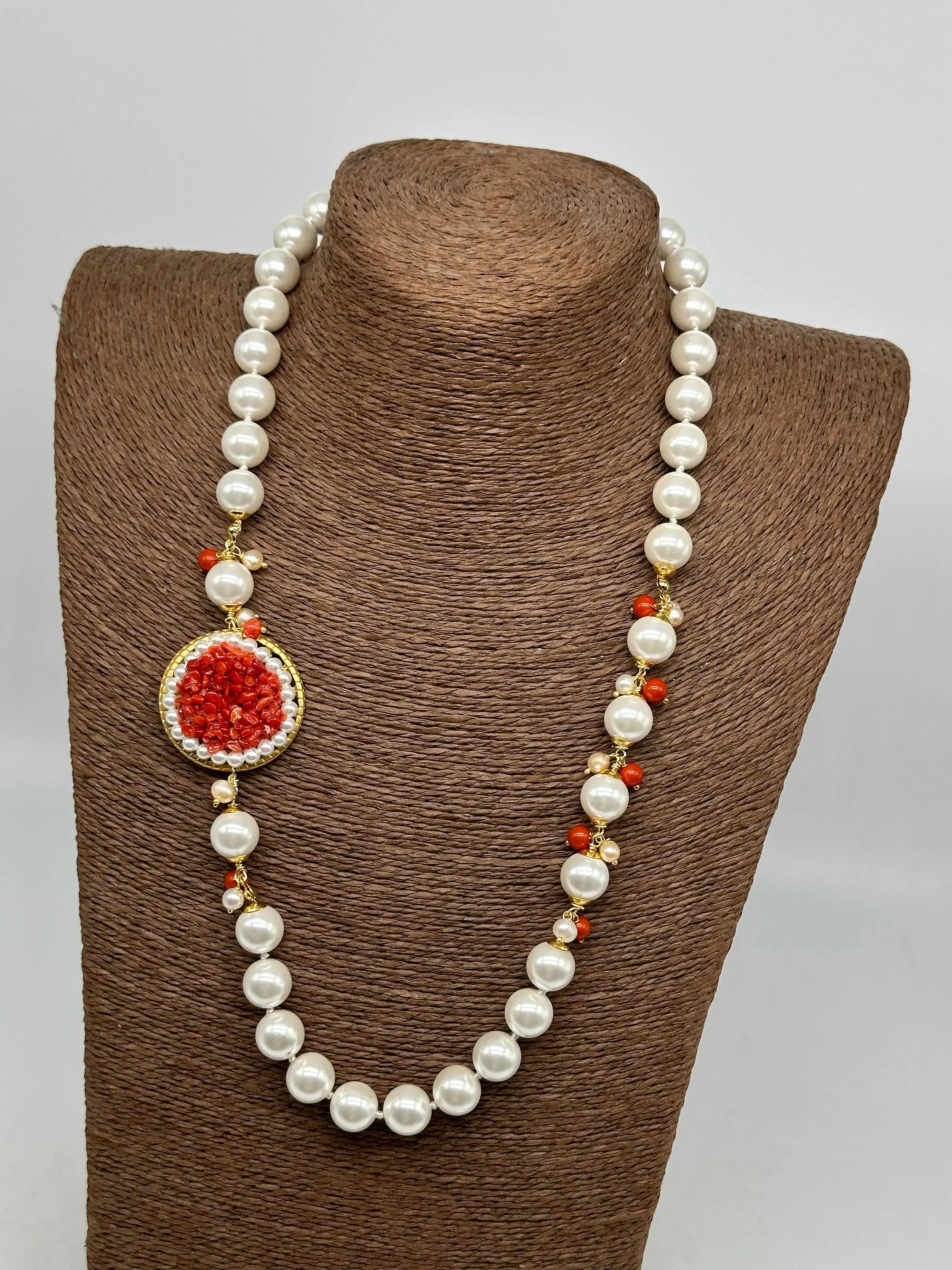 Collana Ceramica di Caltagirone Medaglione Corallo e Perle V.3 DD CERAMICHE SICILIANE