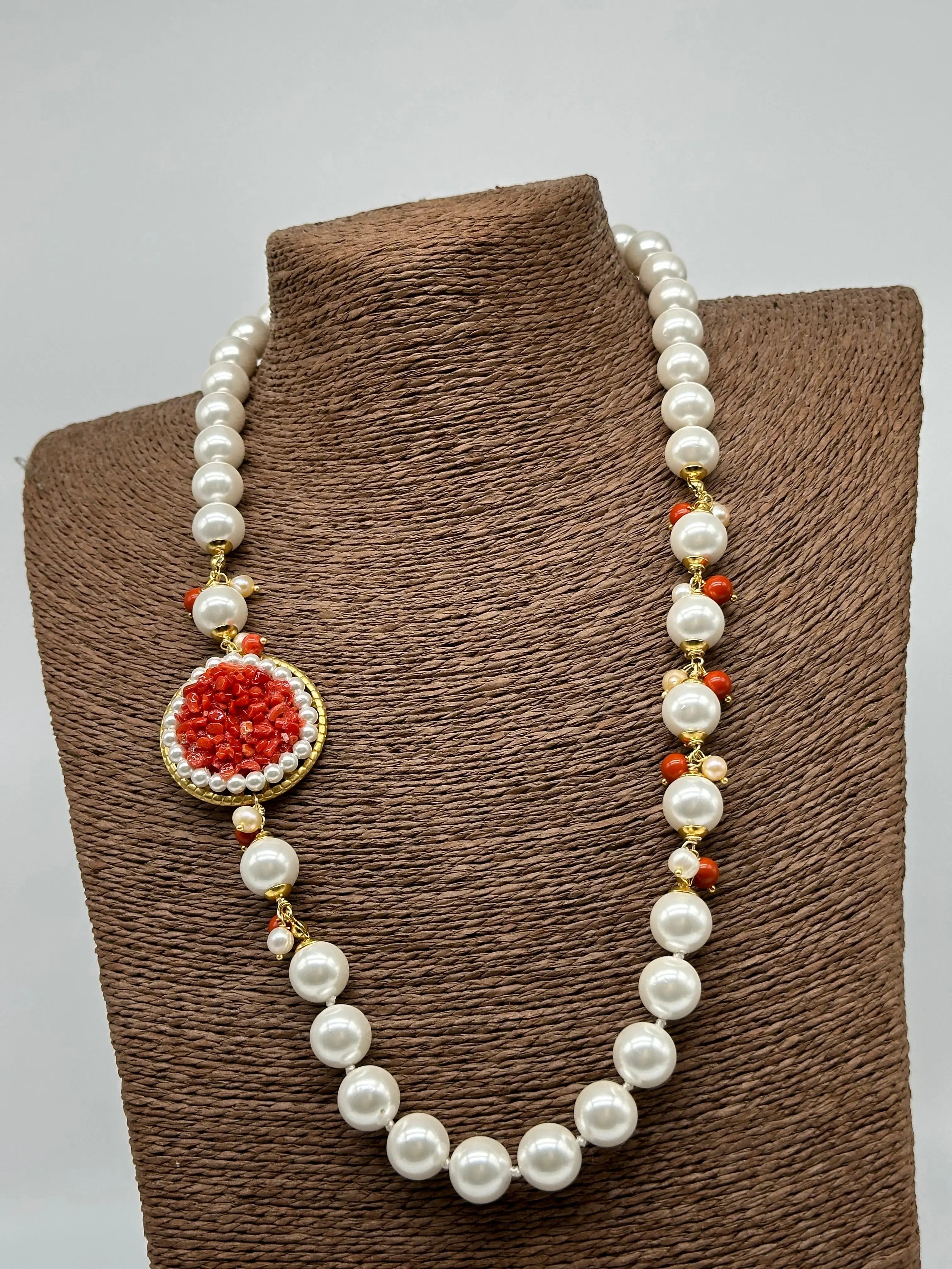 Collana Ceramica di Caltagirone Medaglione Corallo e Perle V.3 DD CERAMICHE SICILIANE