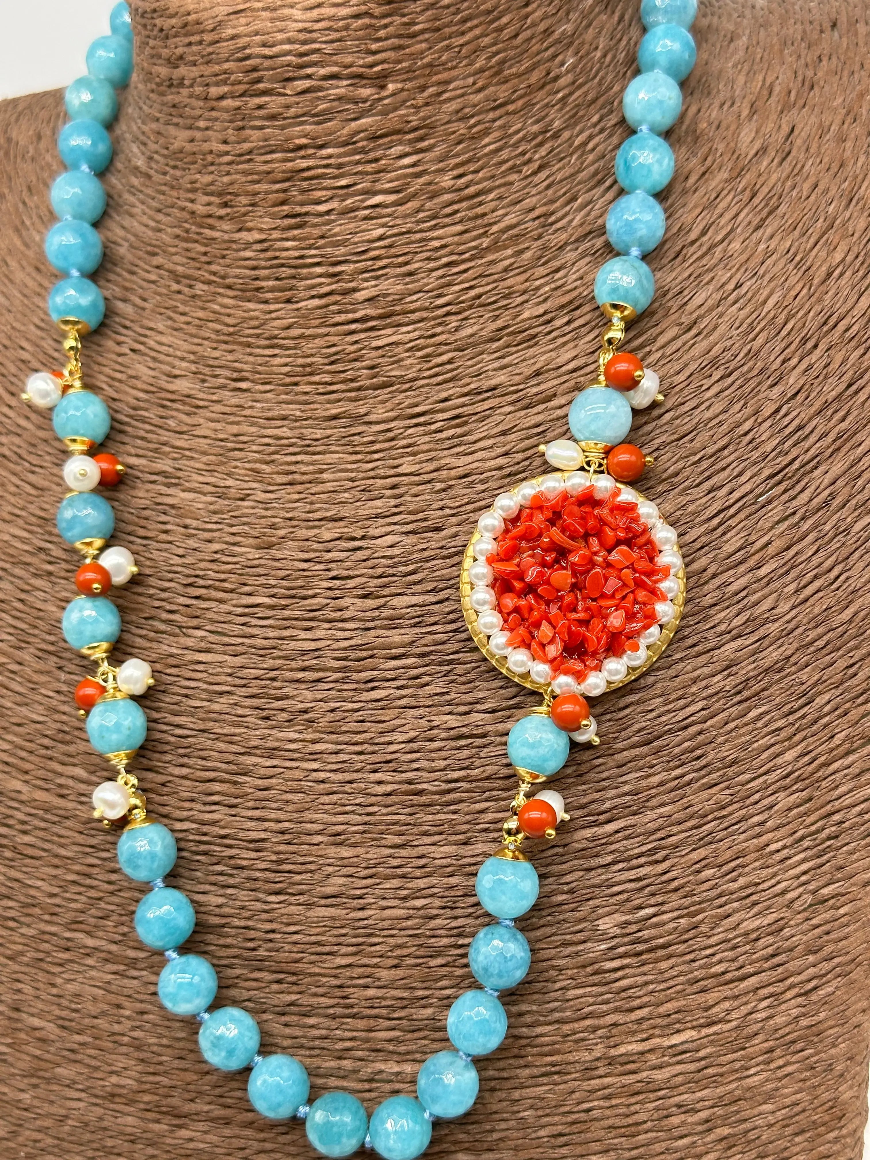 Collana Ceramica di Caltagirone Medaglione Corallo e Perle V.3 DD CERAMICHE SICILIANE