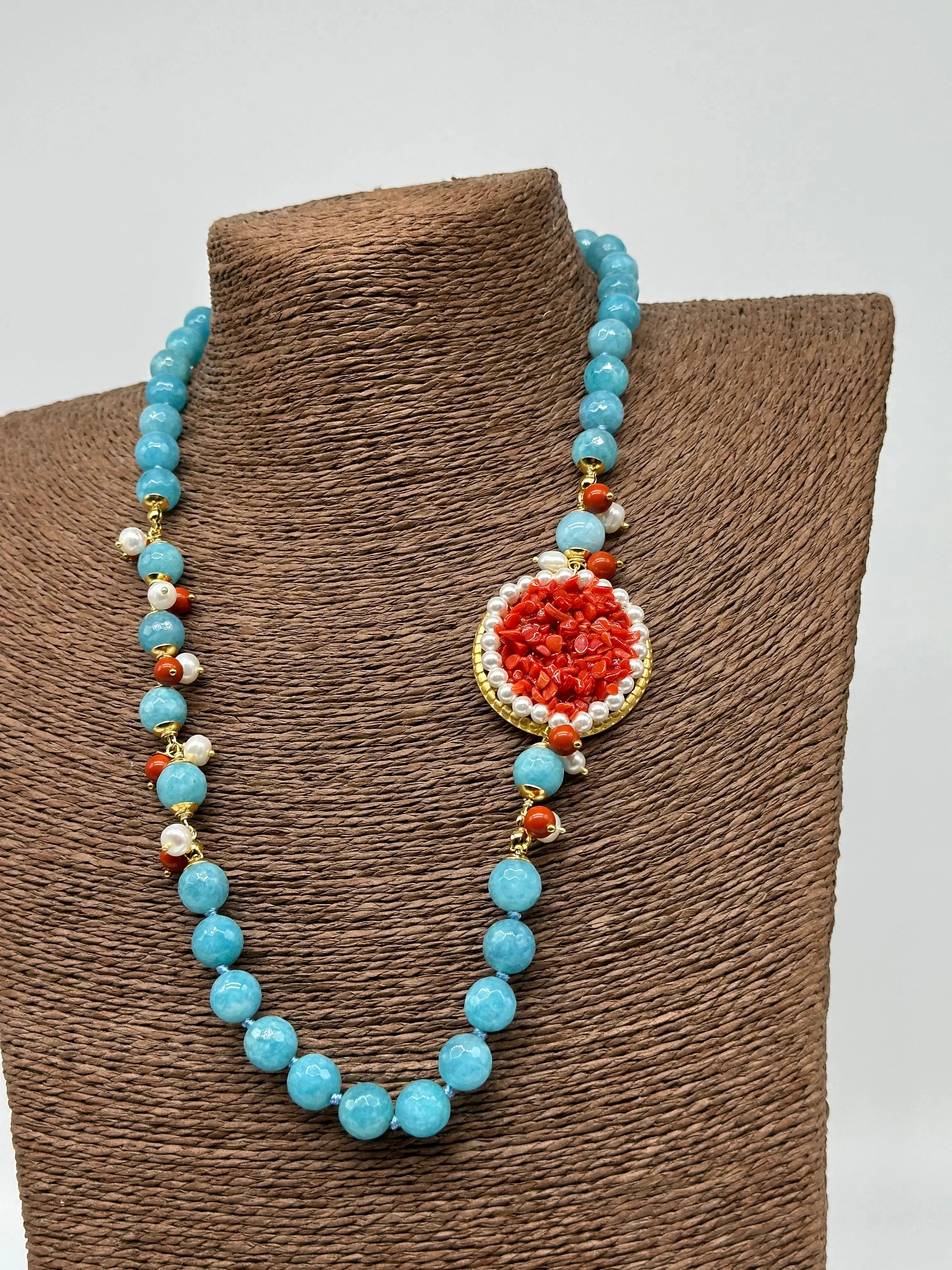Collana Ceramica di Caltagirone Medaglione Corallo e Perle V.3 DD CERAMICHE SICILIANE