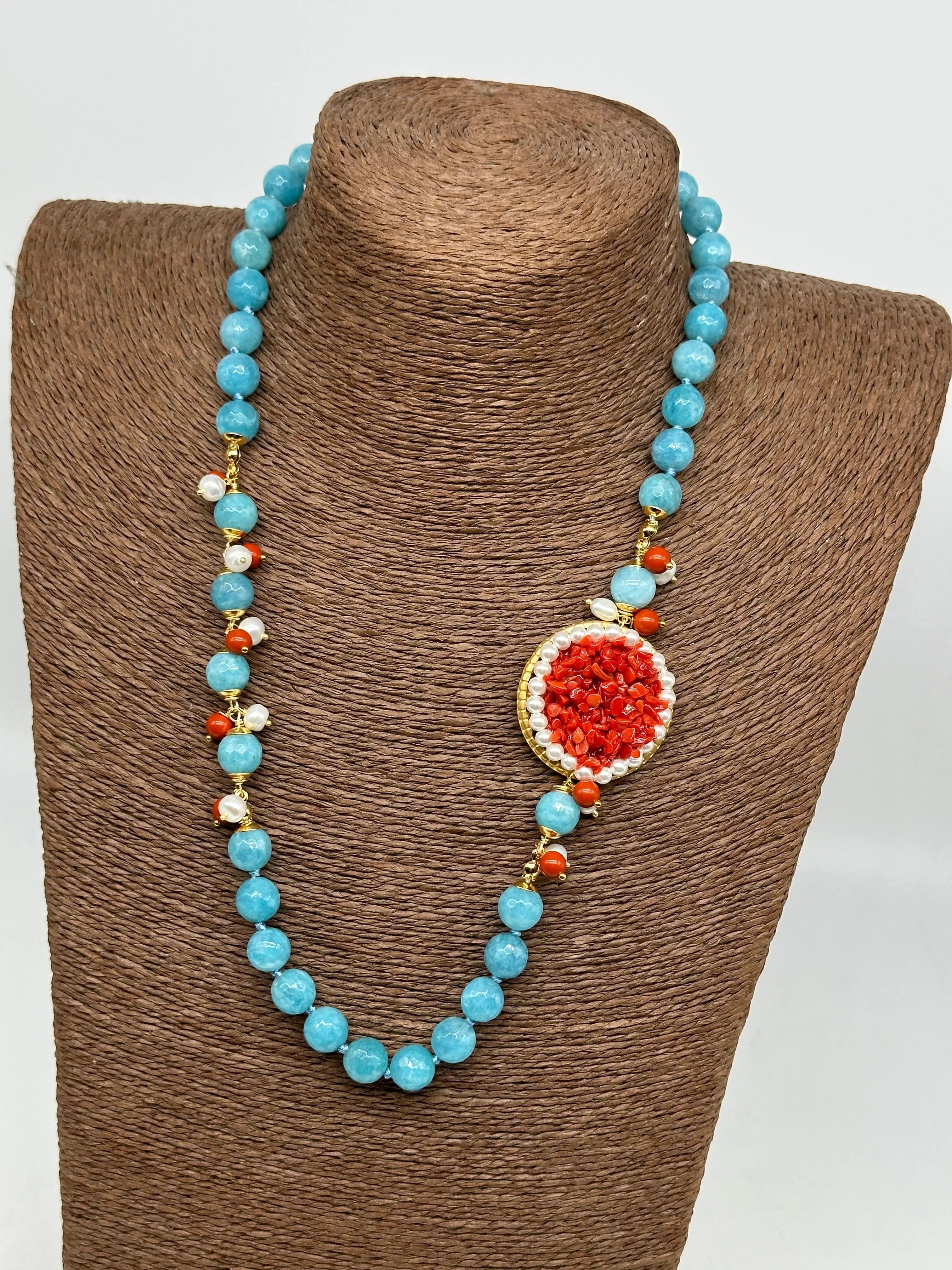 Collana Ceramica di Caltagirone Medaglione Corallo e Perle V.3 DD CERAMICHE SICILIANE