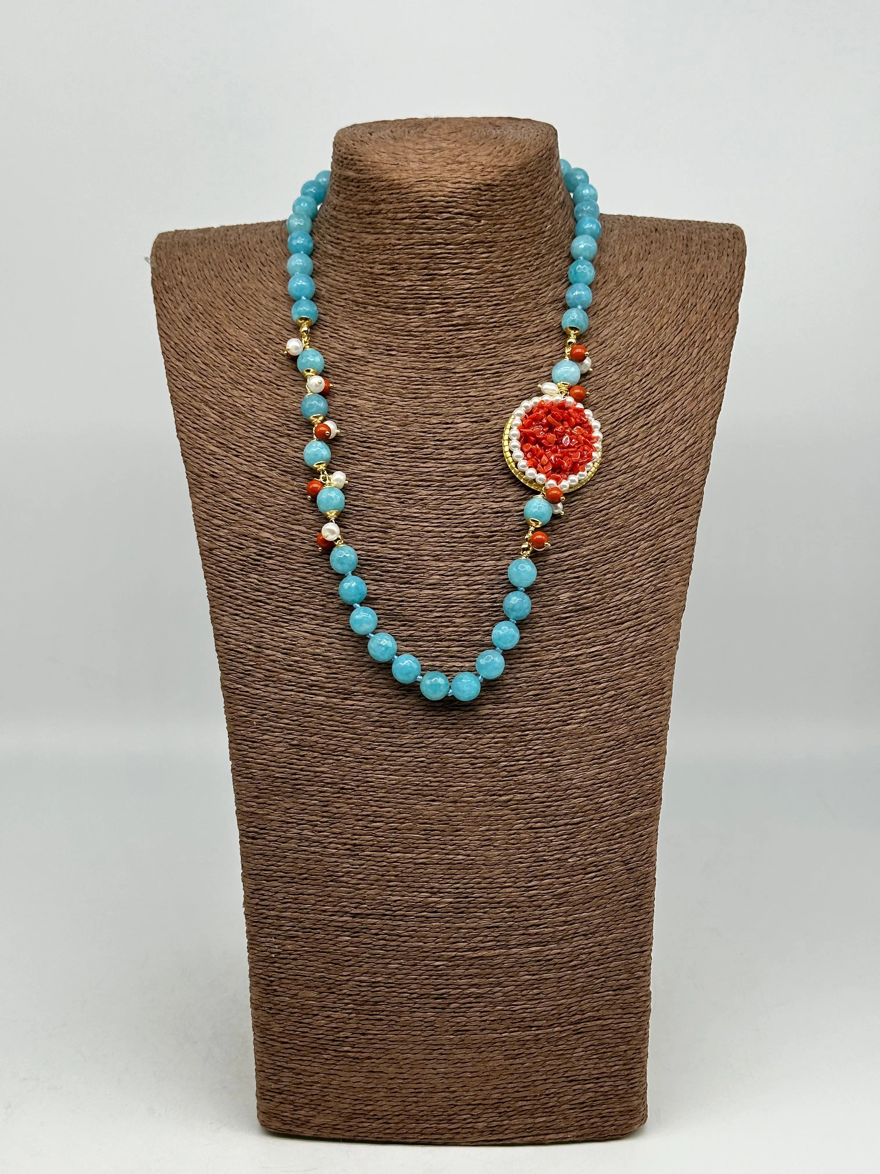 Collana Ceramica di Caltagirone Medaglione Corallo e Perle V.3 DD CERAMICHE SICILIANE