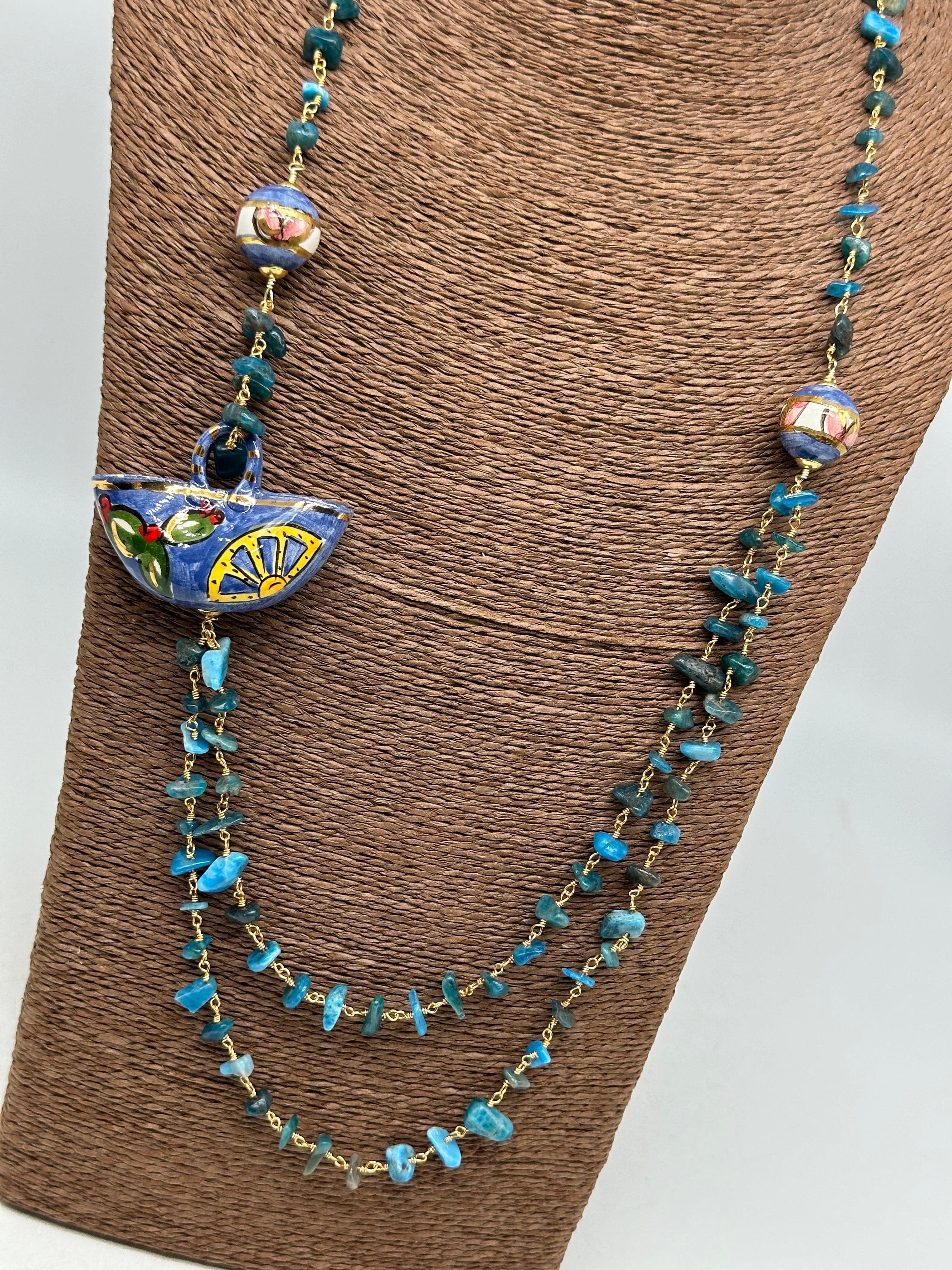 Collana Coffa Siciliana decorata Azzurro Ceramica di Caltagirone - COLLANA