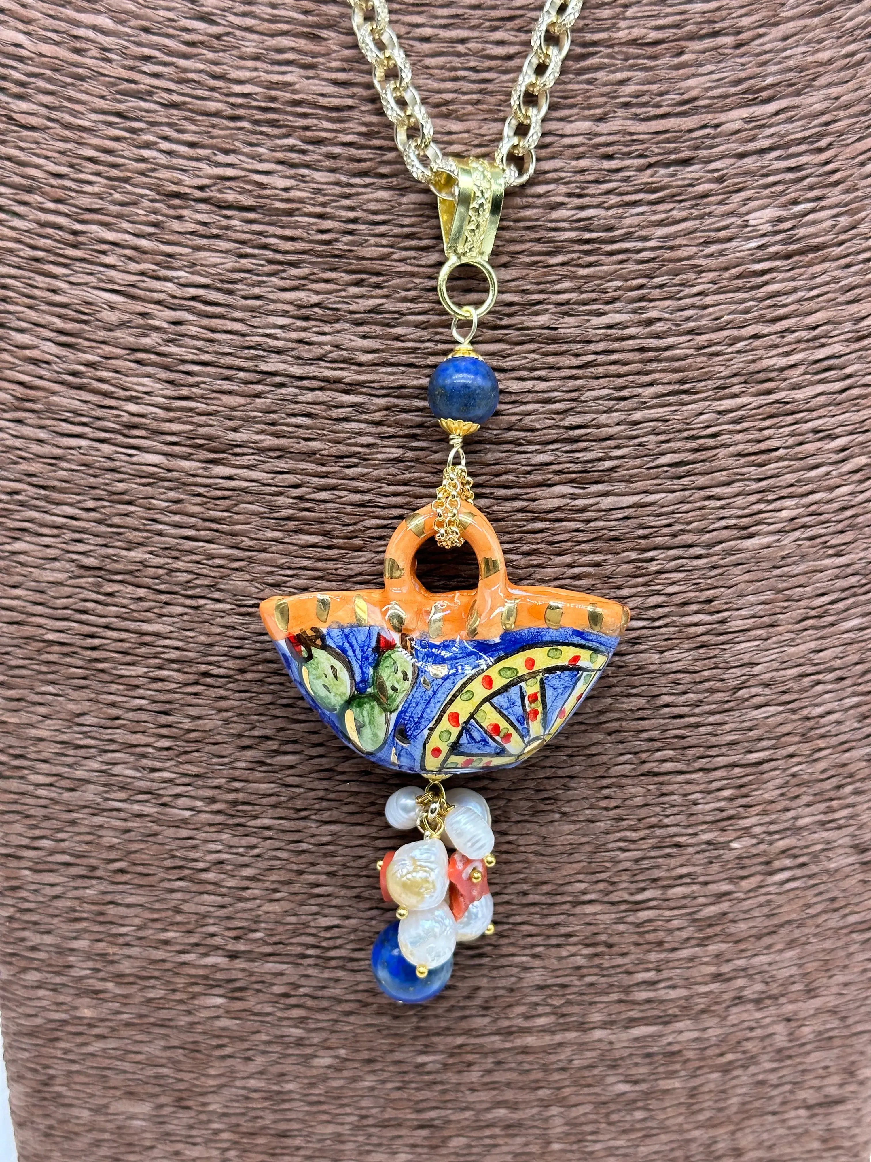 Collana Coffa Siciliana decorata Carretto Siciliano Ceramica di Caltagirone V.1 DD CERAMICHE SICILIANE