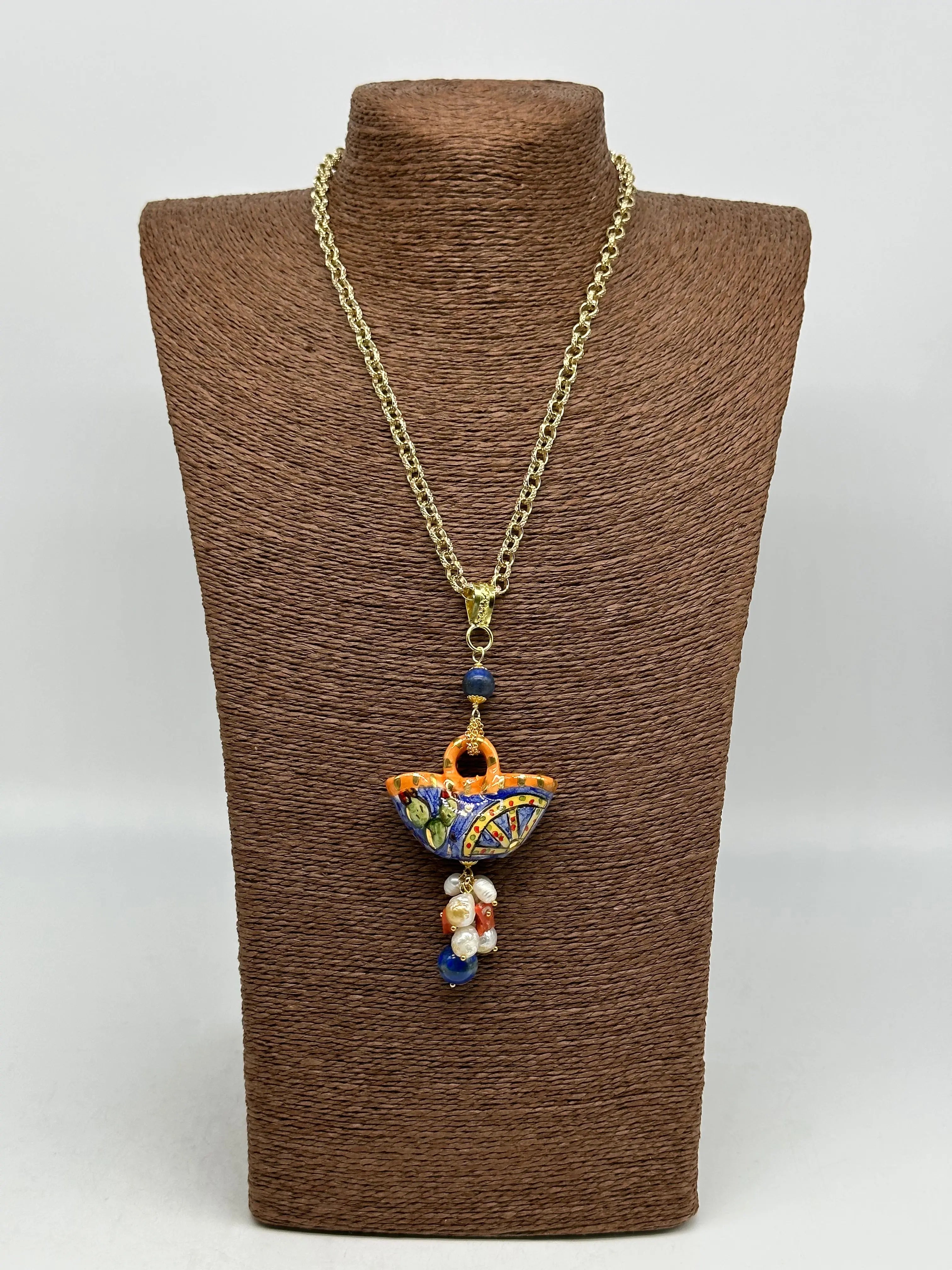 Collana Coffa Siciliana decorata Carretto Siciliano Ceramica di Caltagirone V.1 DD CERAMICHE SICILIANE